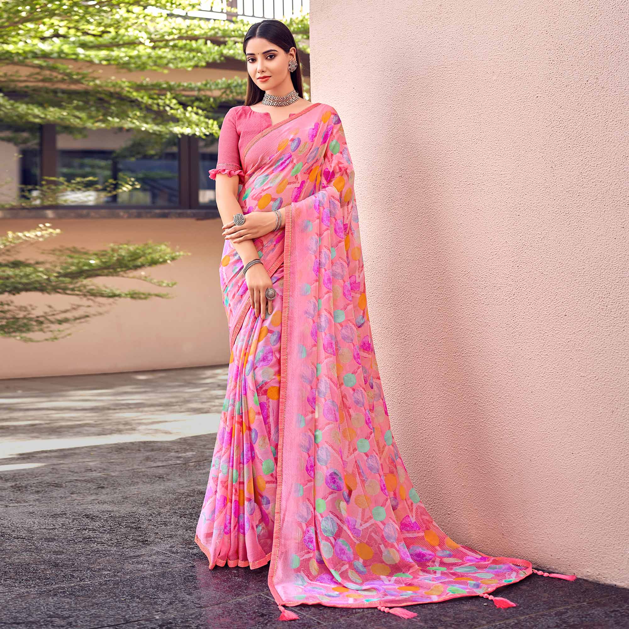 Pink Printed Chiffon Saree With Tassels