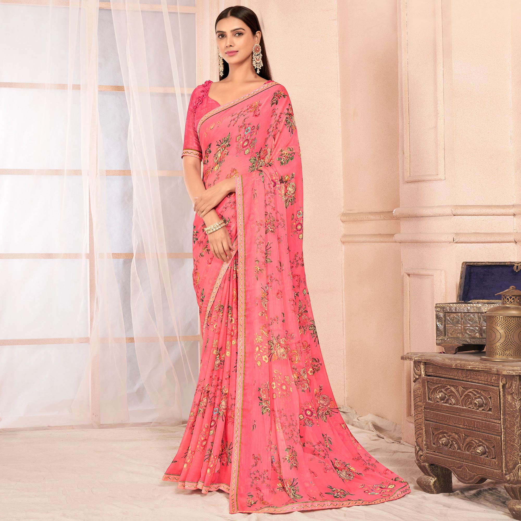 Salmon Pink Floral Printed Chiffon Saree With Lace Border