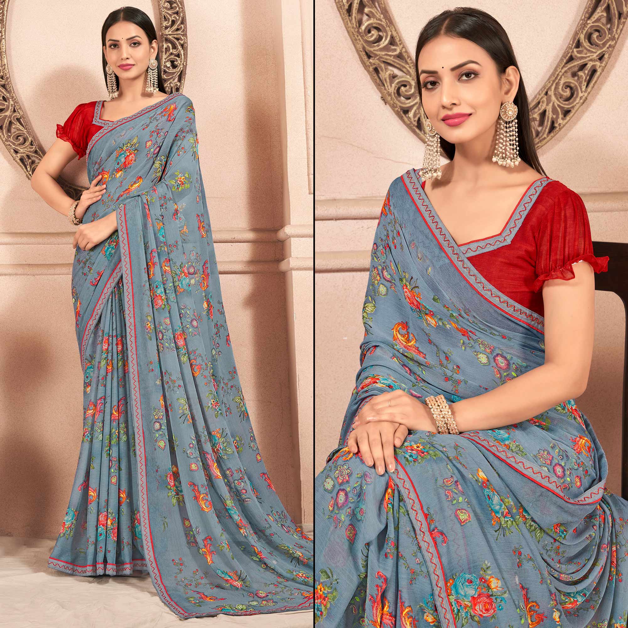 Grey Floral Printed Chiffon Saree With Lace Border