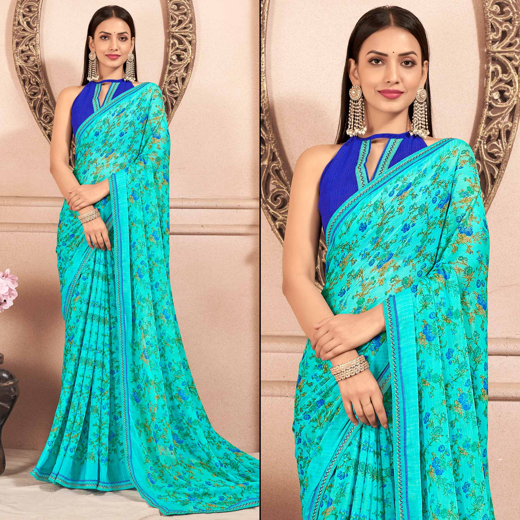 Turquoise Floral Printed Chiffon Saree With Lace Border