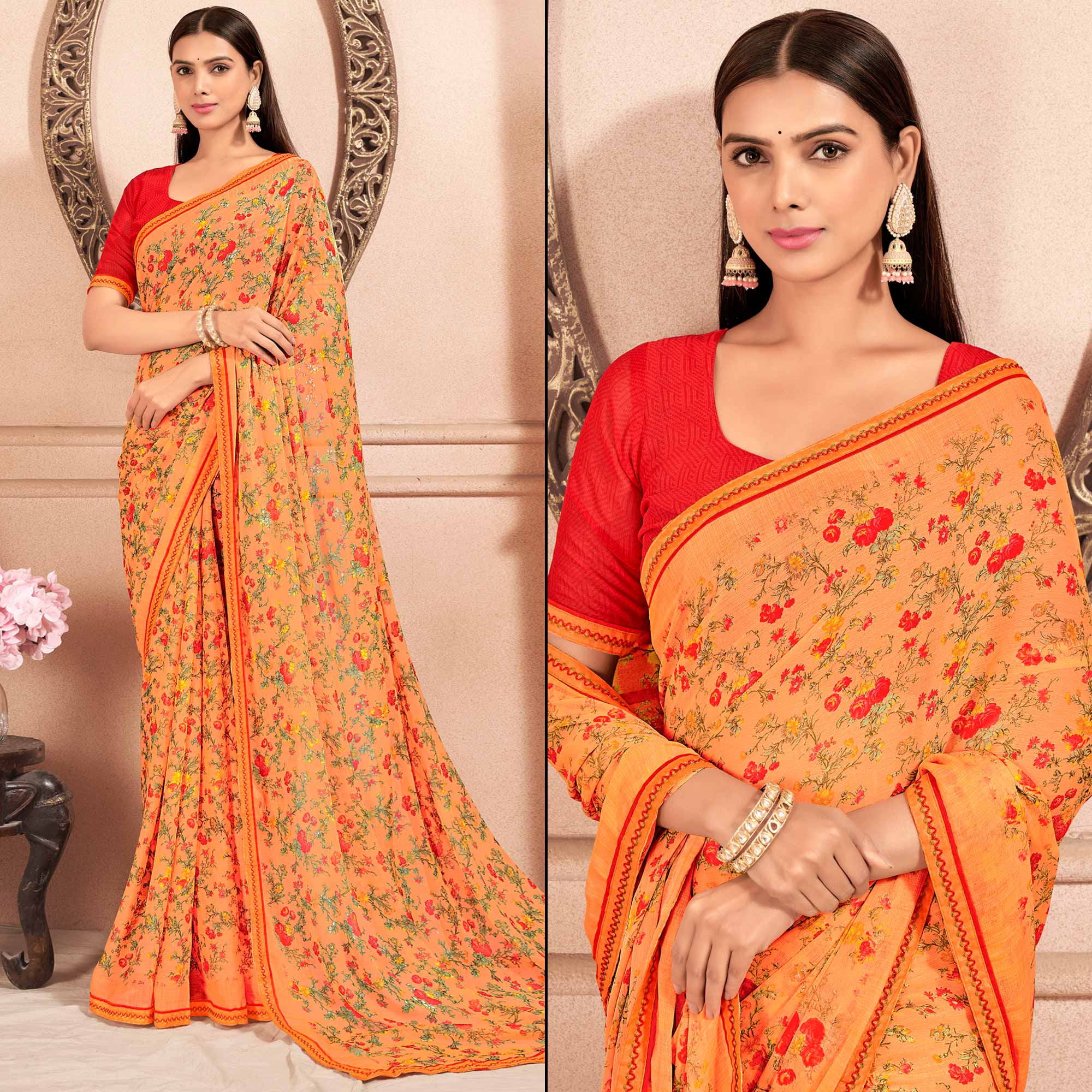 Orange Floral Printed Chiffon Saree With Lace Border