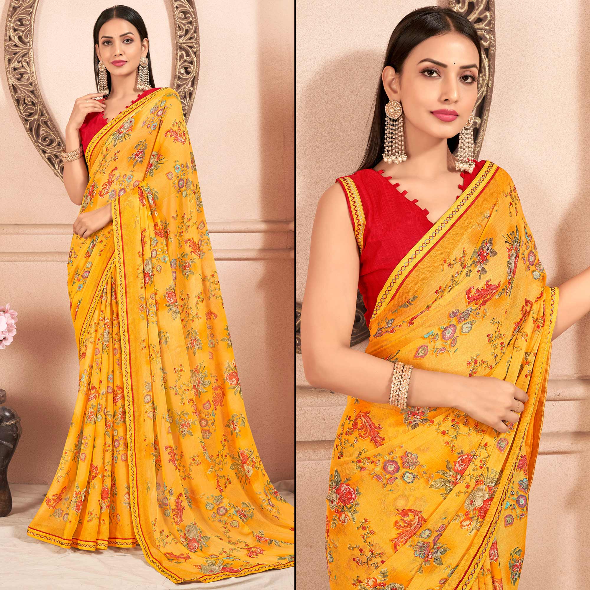 Yellow Floral Printed Chiffon Saree With Lace Border