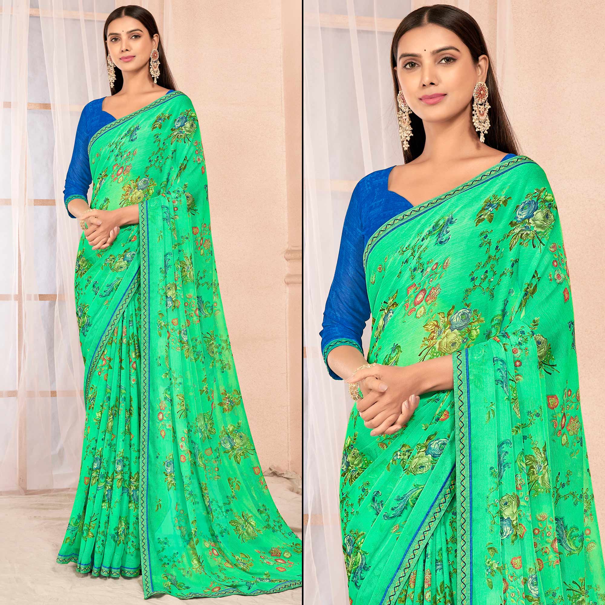 Mint Green Floral Printed Chiffon Saree With Lace Border