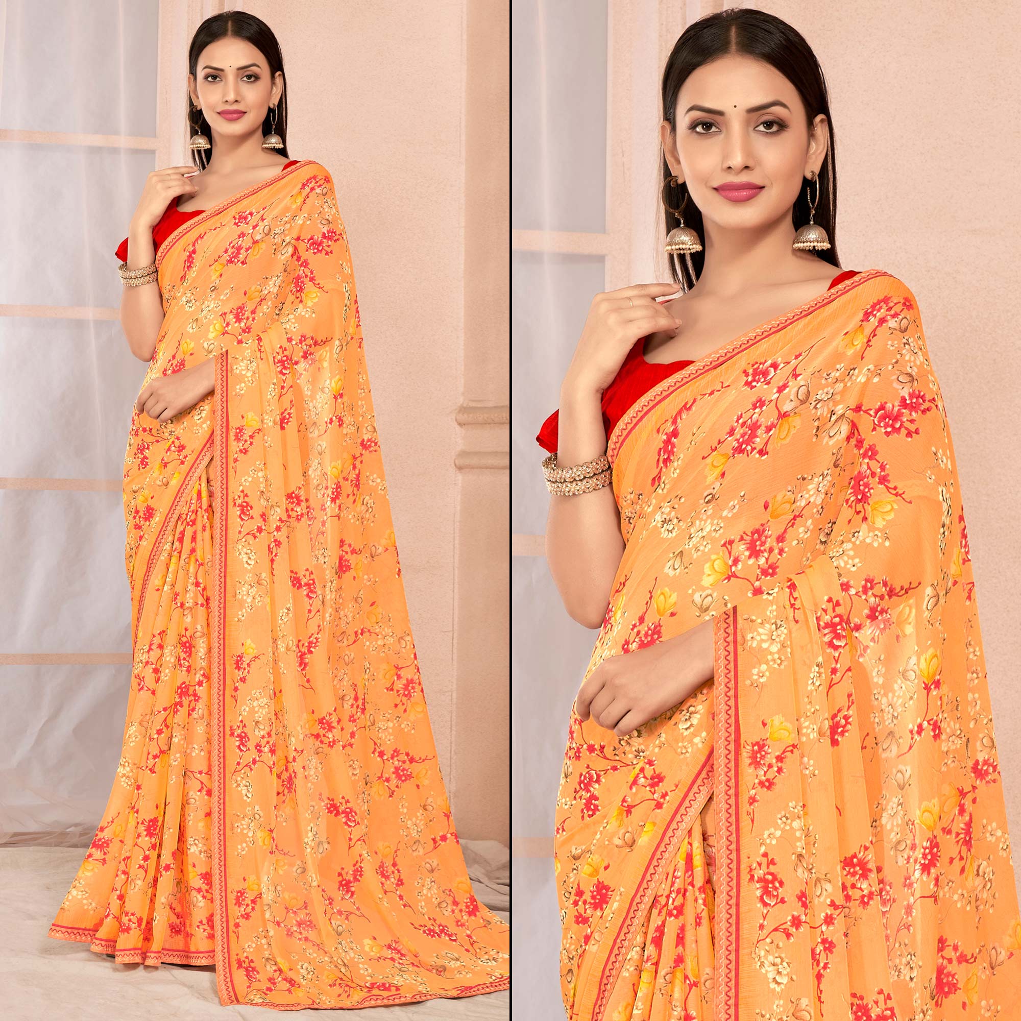 Light Orange Floral Printed Chiffon Saree With Lace Border