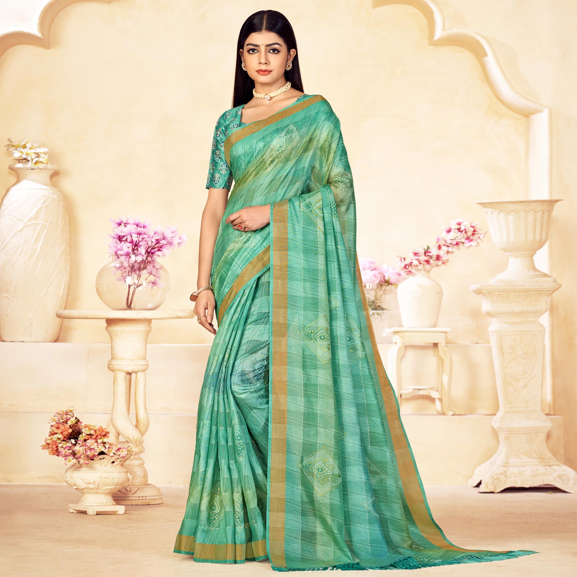 Mint Green Foil Printed Linen Silk Saree With Tassels