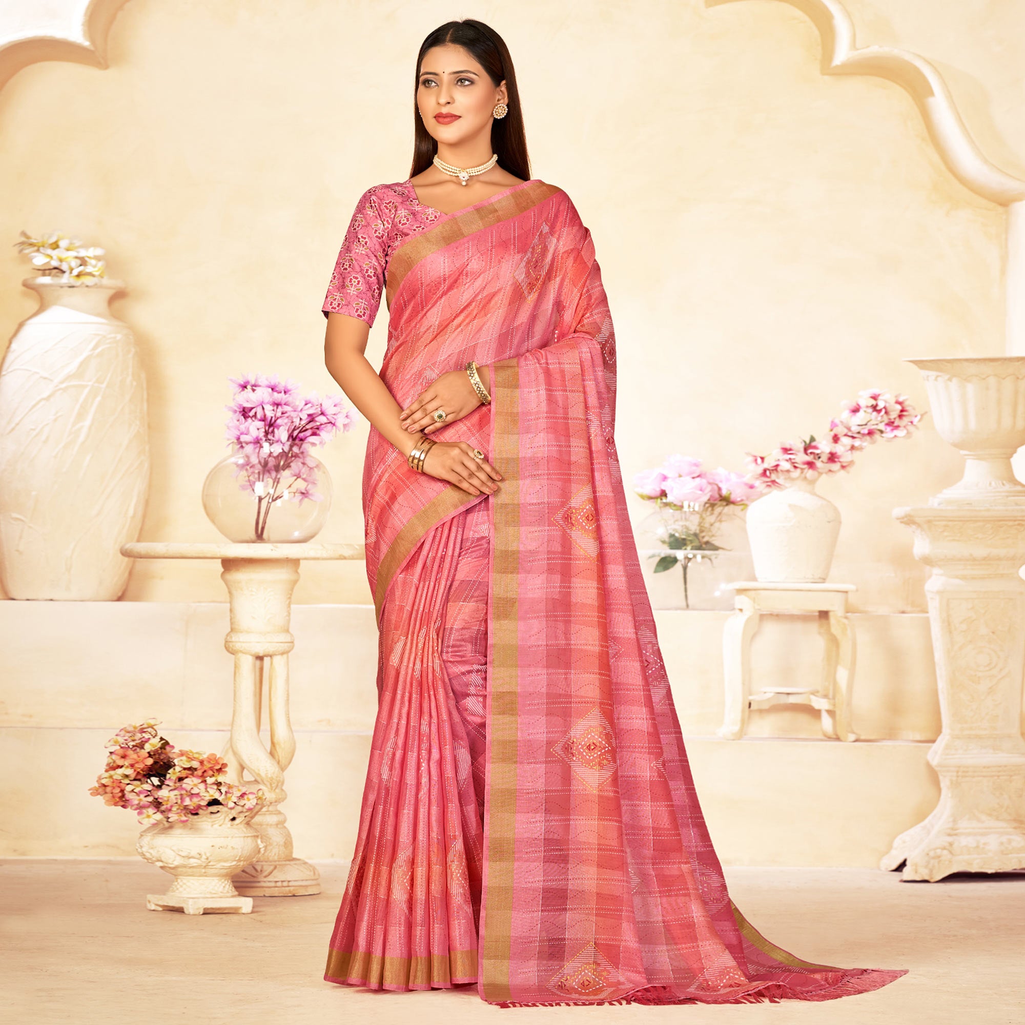 Salmon Pink Foil Printed Linen Silk Saree With Tassels