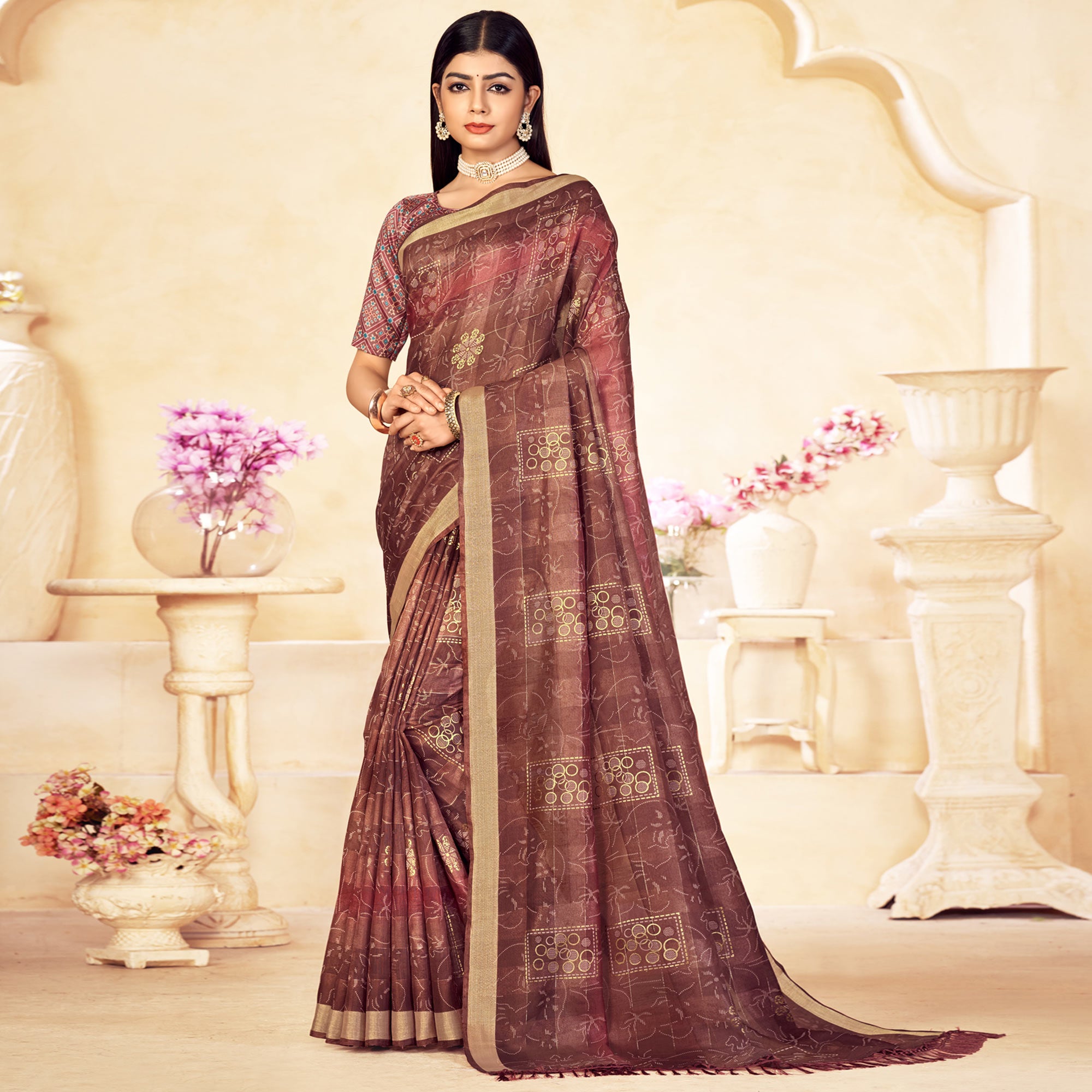 Brown Foil Printed Linen Silk Saree With Tassels