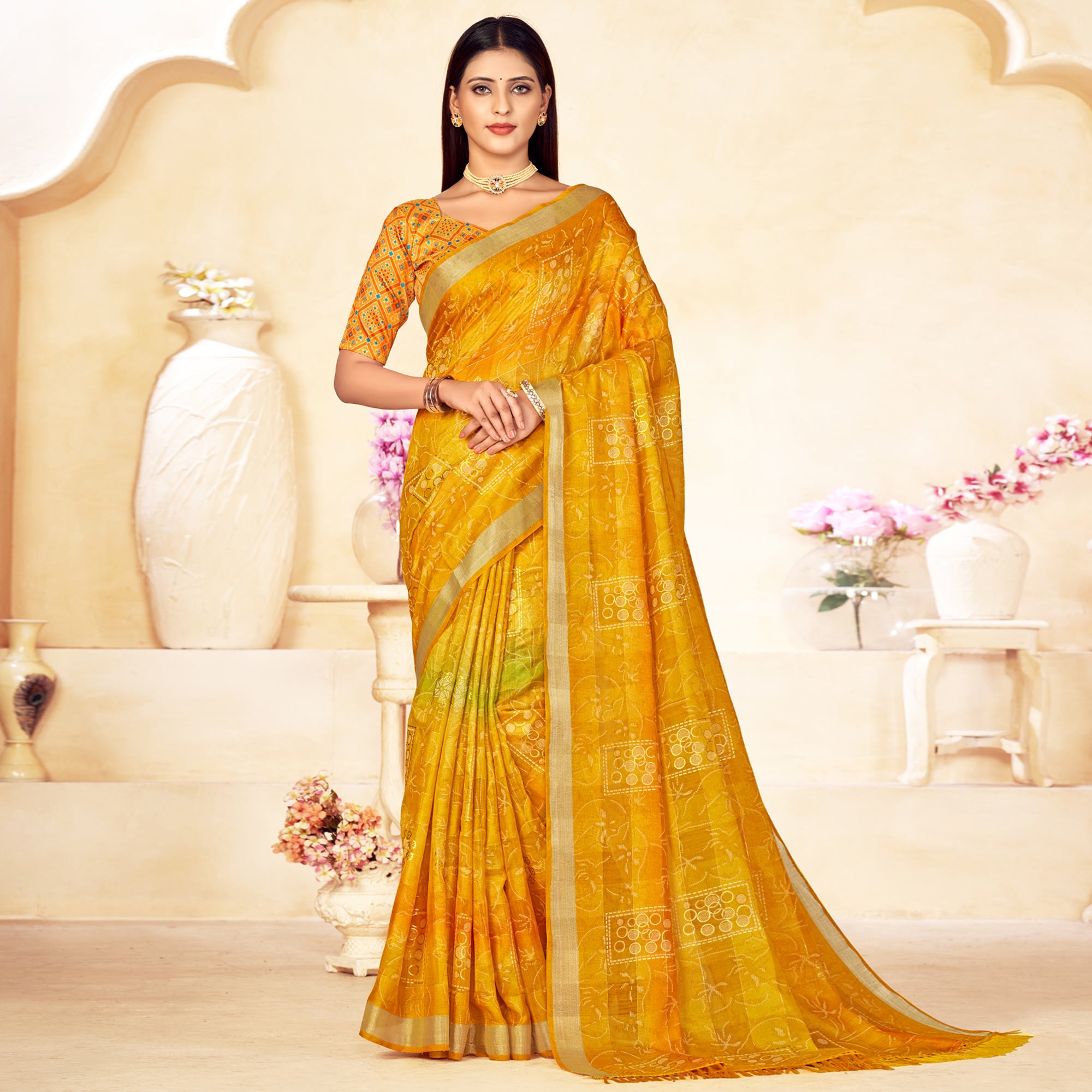 Yellow Foil Printed Linen Silk Saree With Tassels