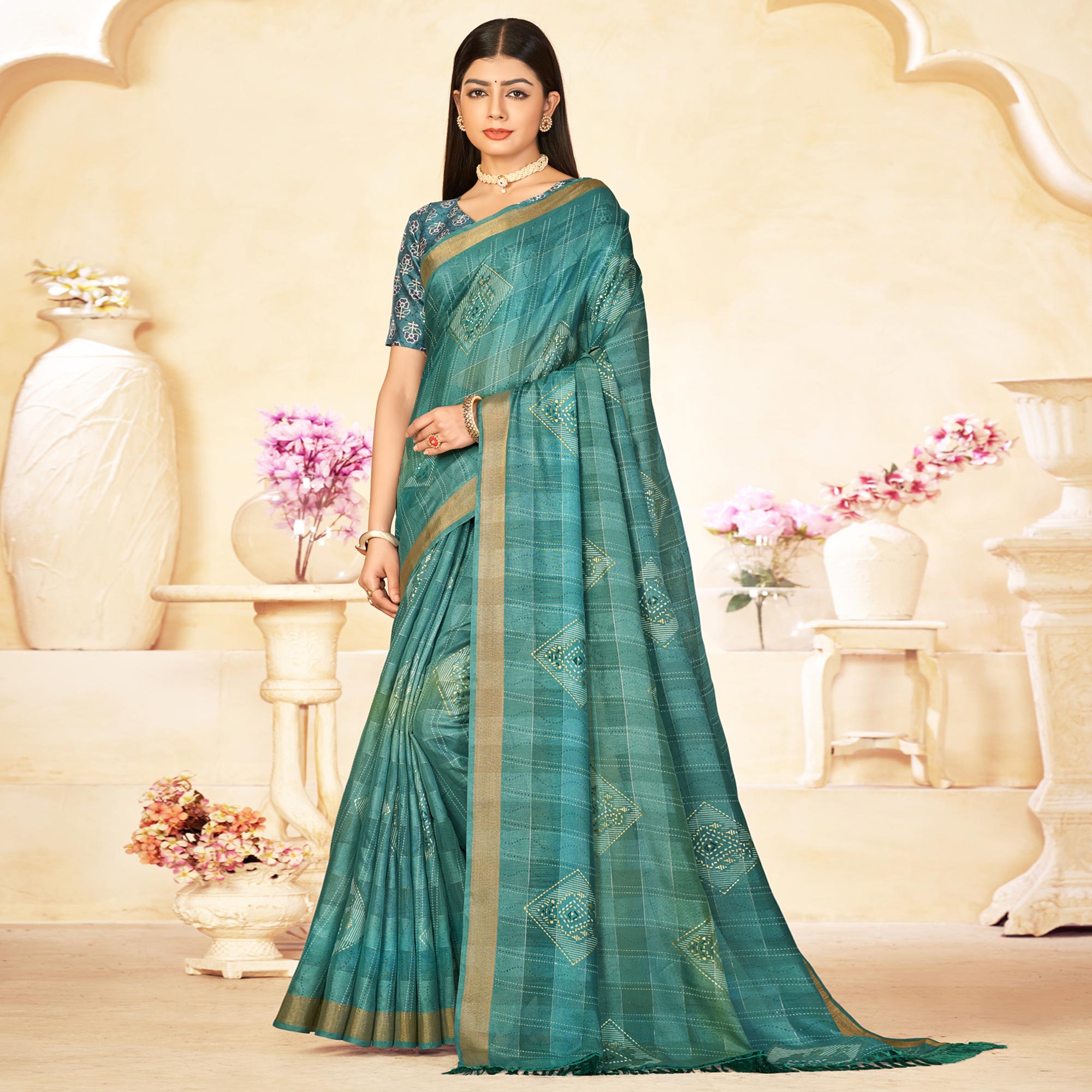 Teal Foil Printed Linen Silk Saree With Tassels