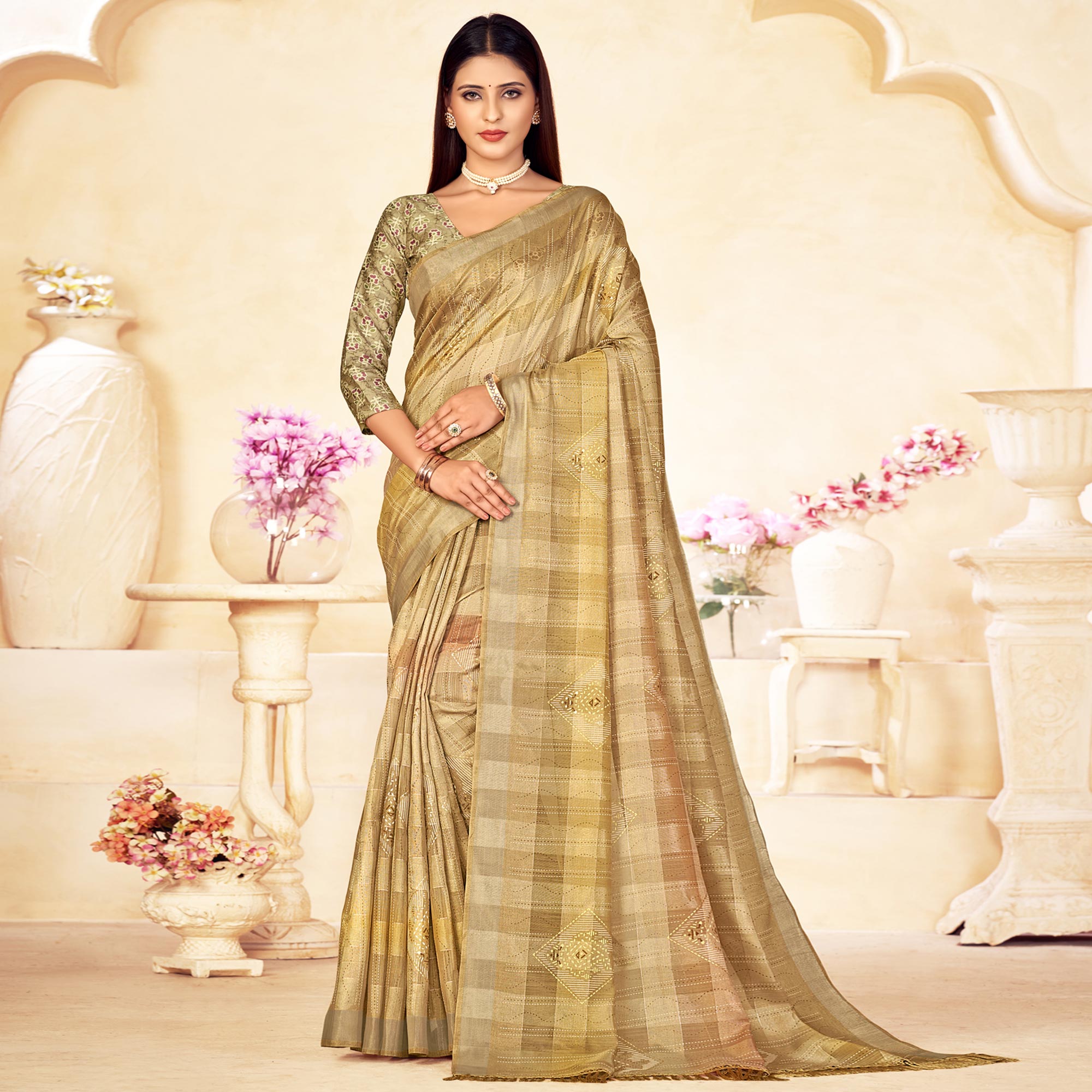 Chikoo Foil Printed Linen Silk Saree With Tassels