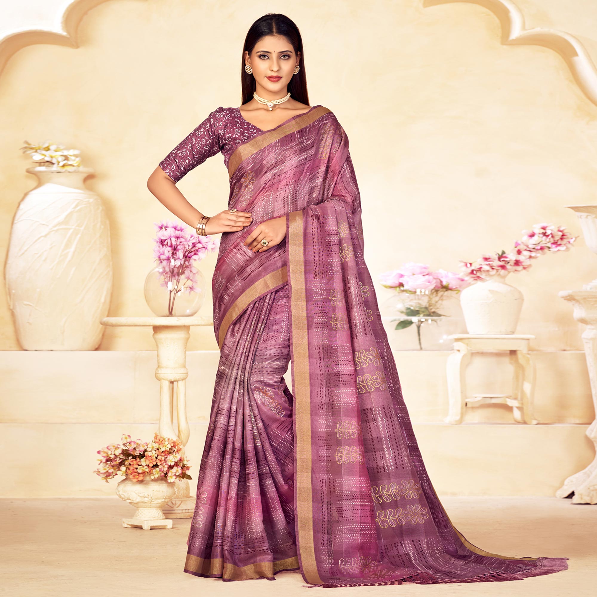 Mauve Foil Printed Linen Silk Saree With Tassels