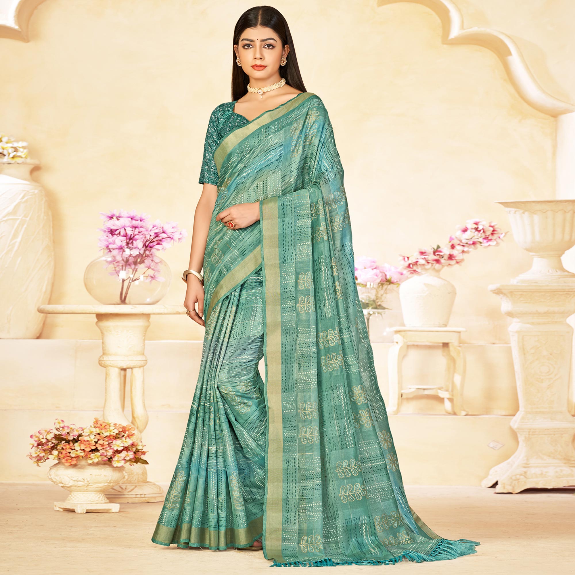 Turquoise Foil Printed Linen Silk Saree With Tassels