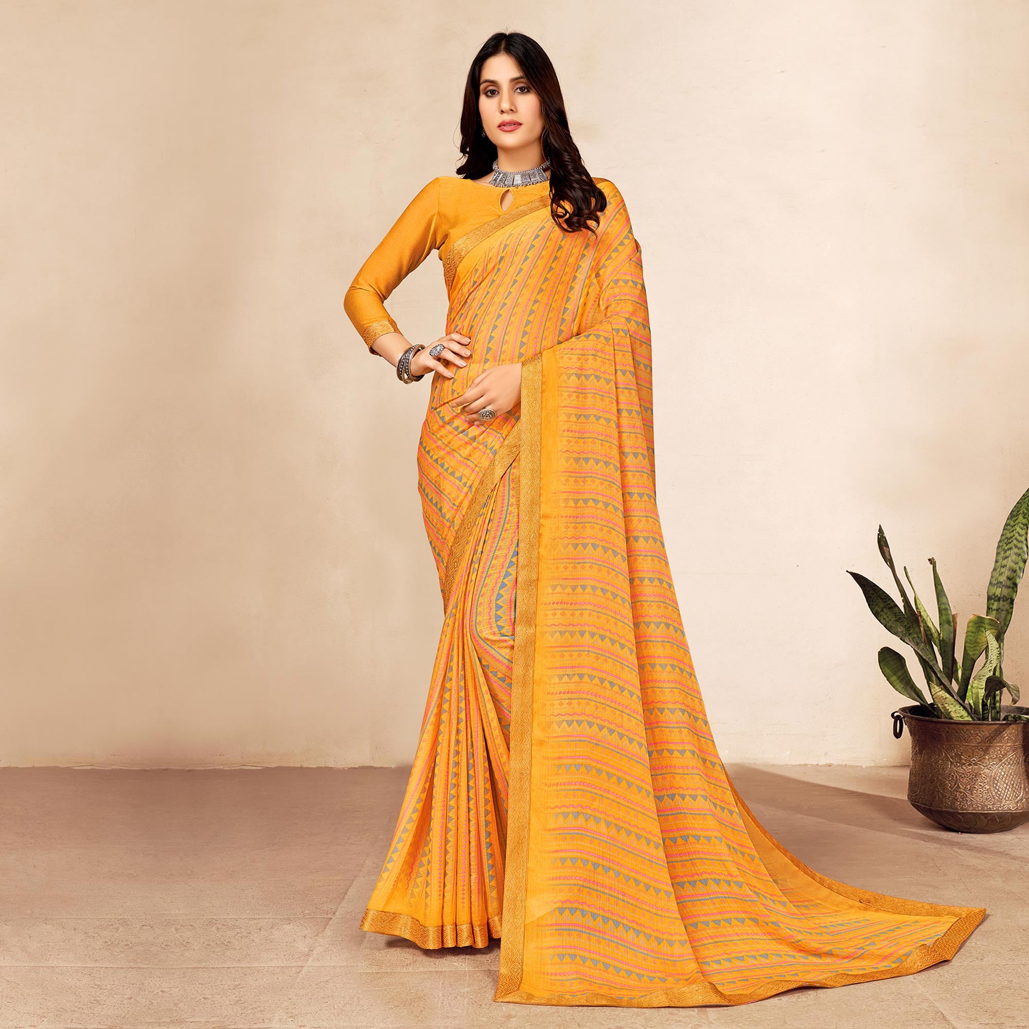 Yellow Printed Chiffon Saree With Lace Border