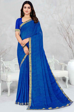 Blue Leheriya Printed Chiffon Saree Accented With A Graceful Floral Weaving Lace Border