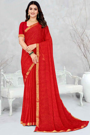 Red Leheriya Printed Chiffon Saree Accented With A Graceful Floral Weaving Lace Border