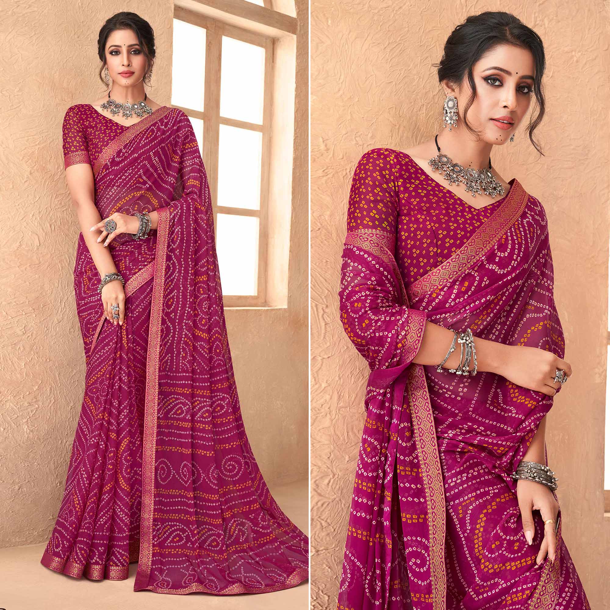 Purple Bandhani Printed Chiffon Saree