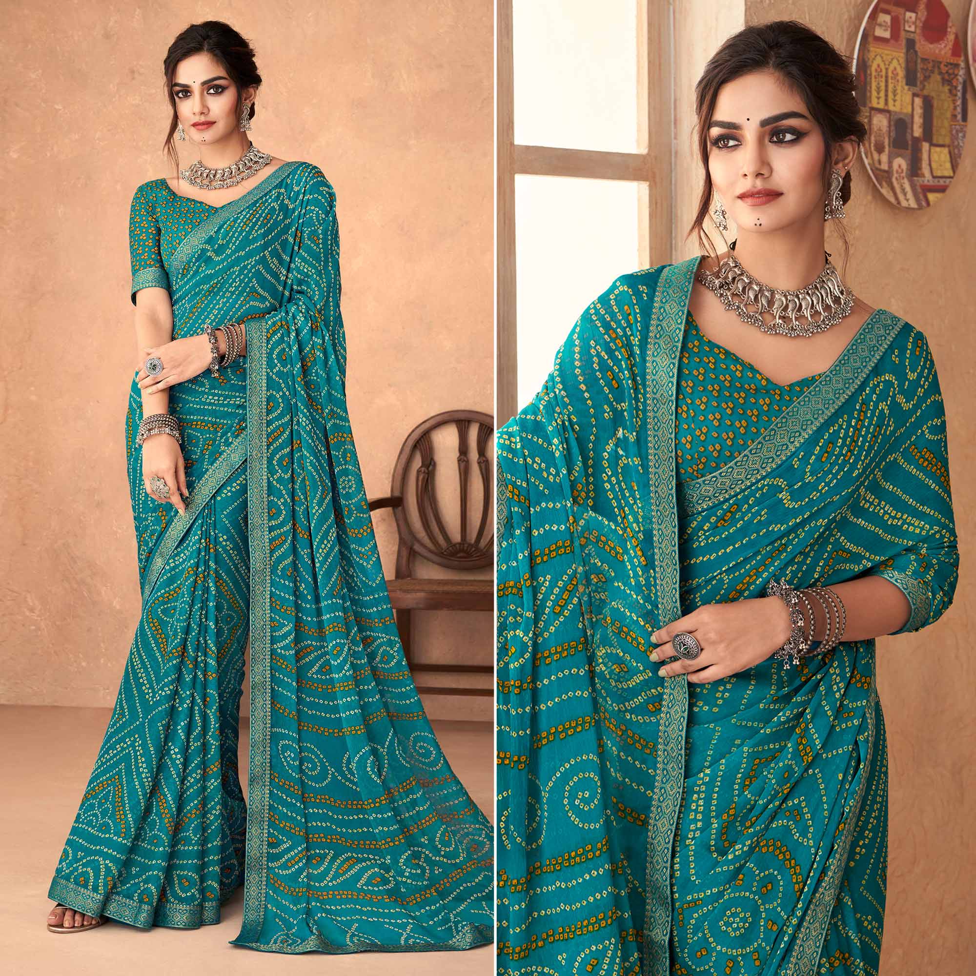 Blue Bandhani Printed Chiffon Saree