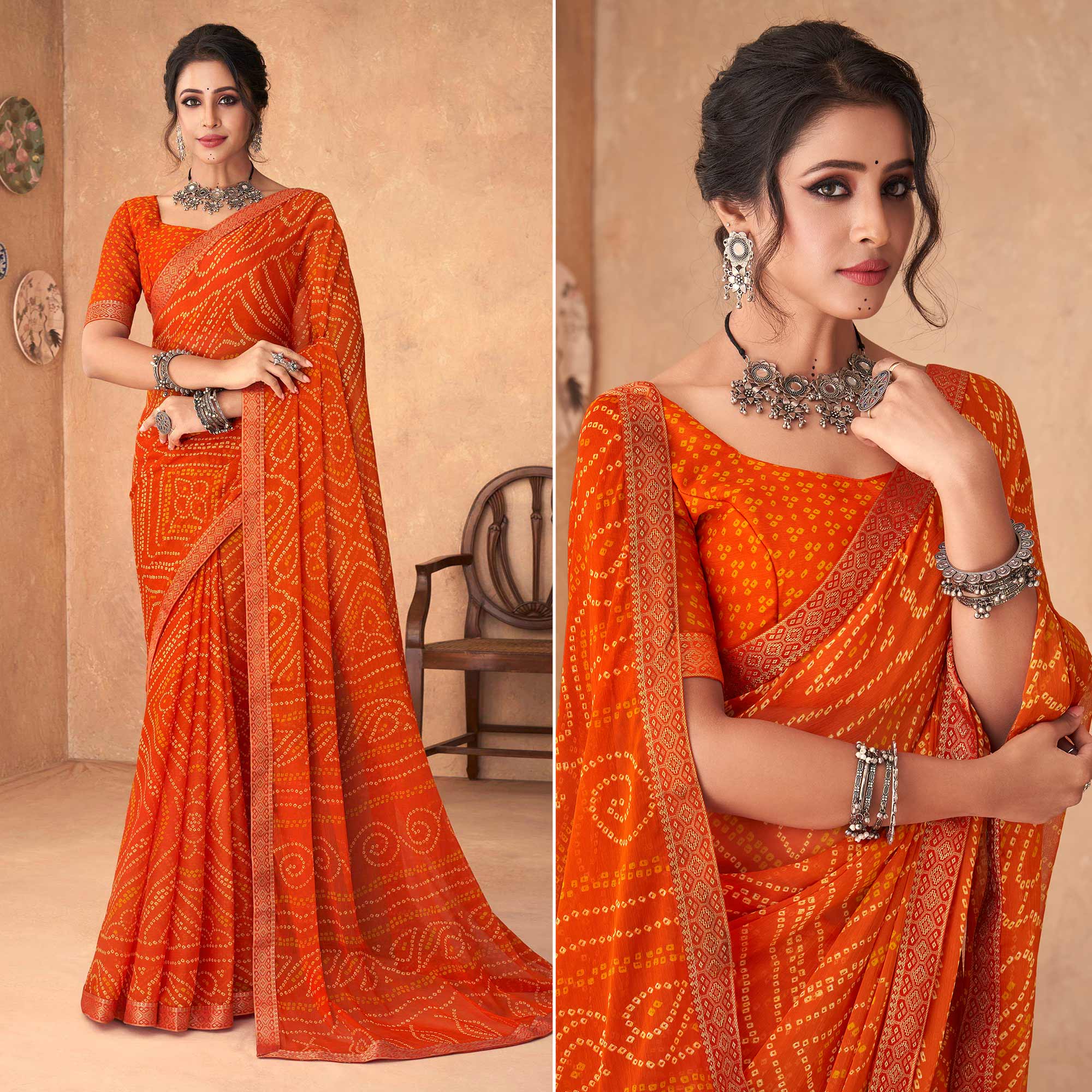 Orange Bandhani Printed Chiffon Saree