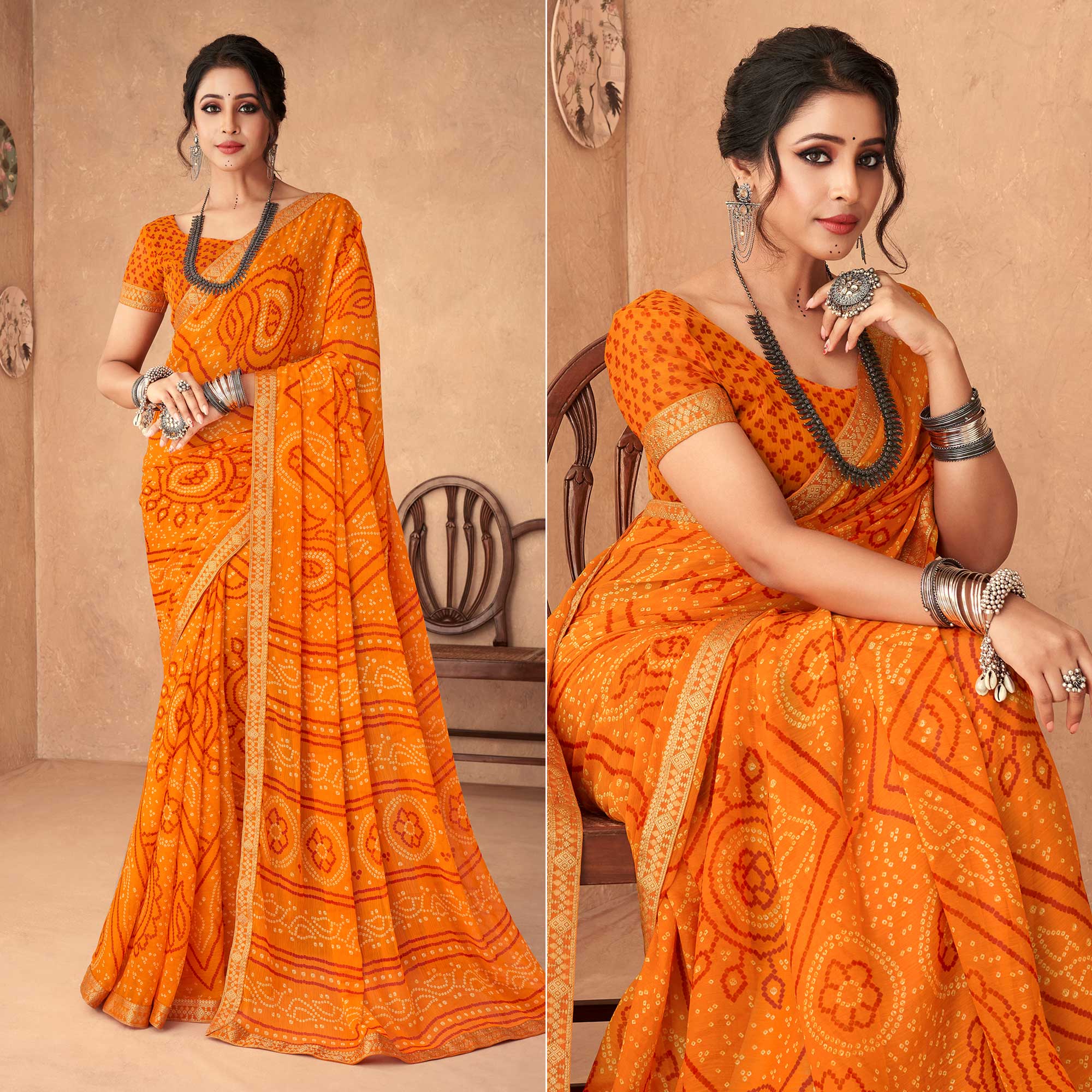 Mustard Bandhani Printed Chiffon Saree