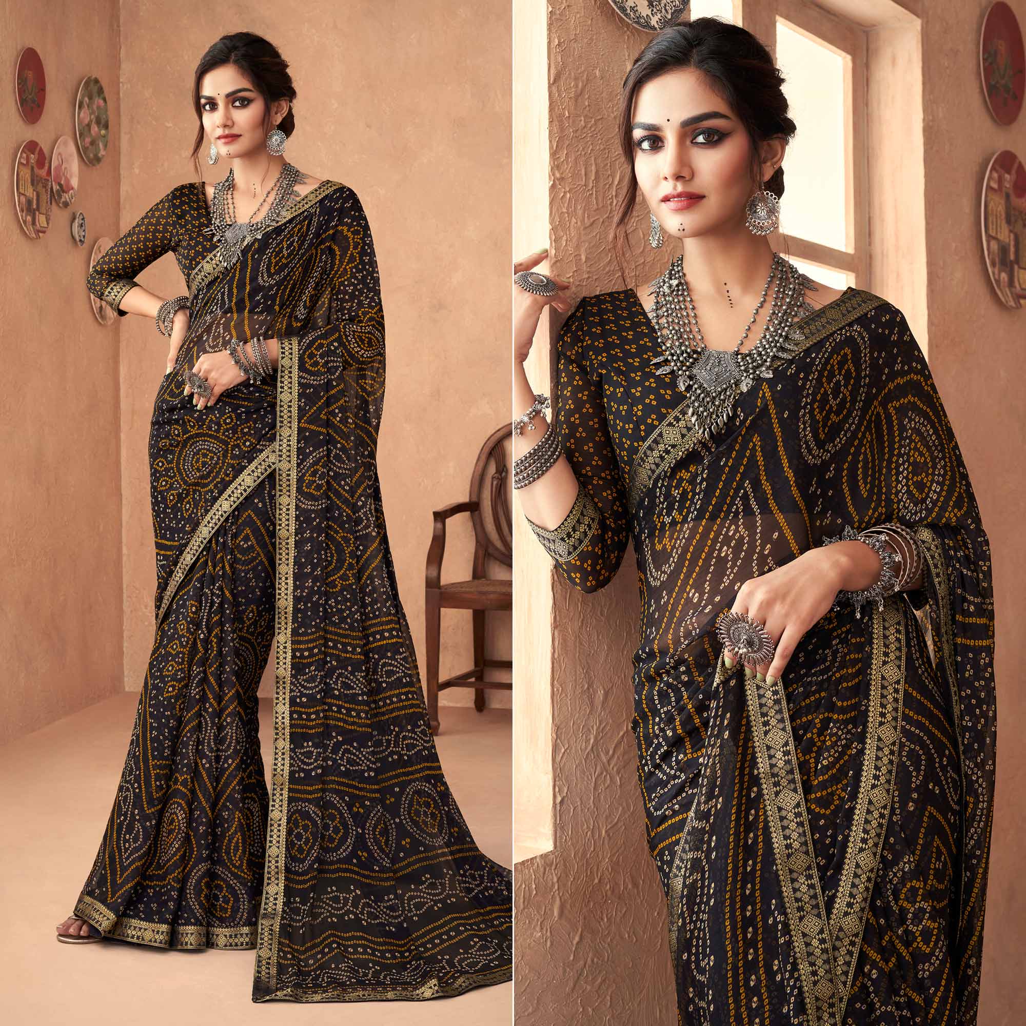 Black Bandhani Printed Chiffon Saree