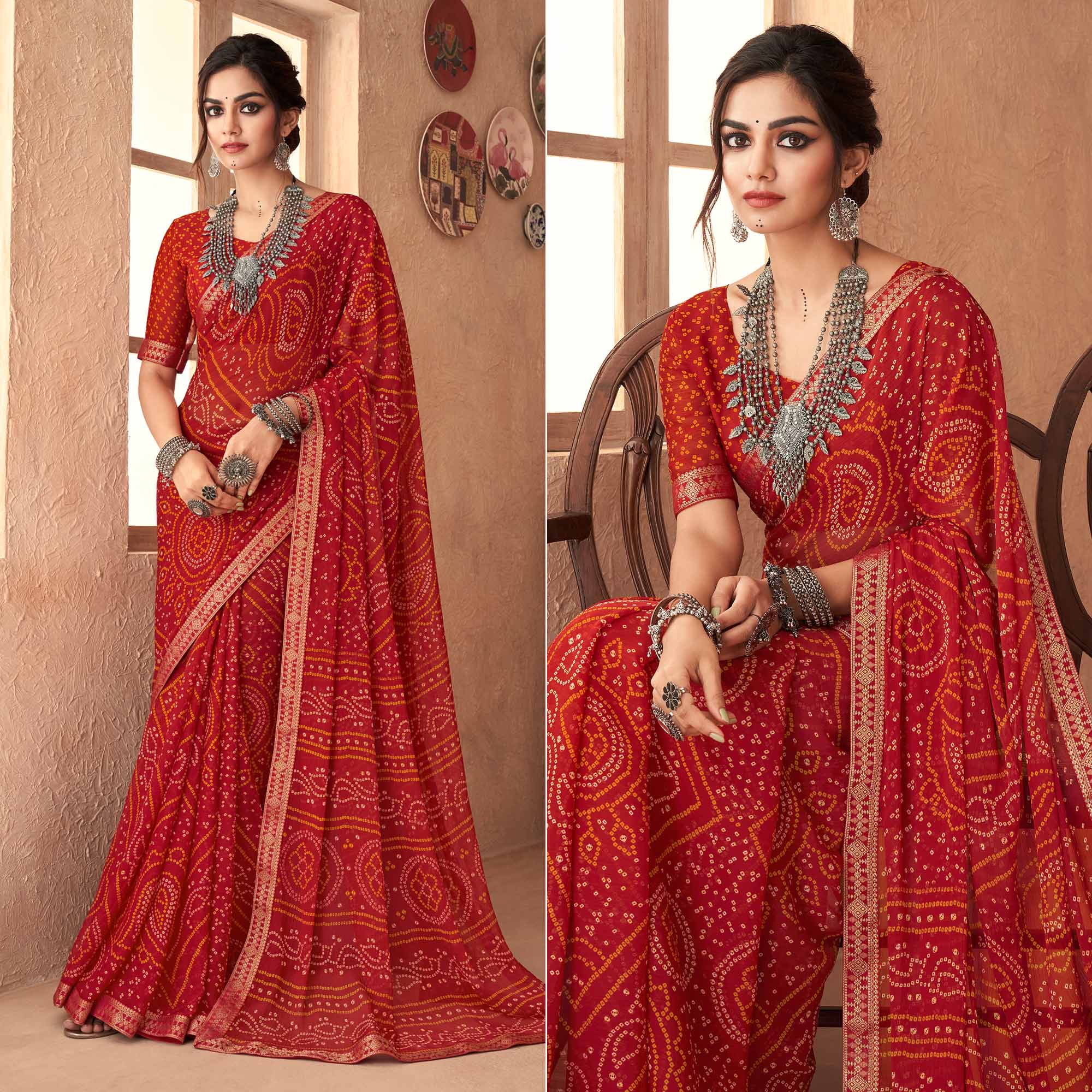 Red Bandhani Printed Chiffon Saree