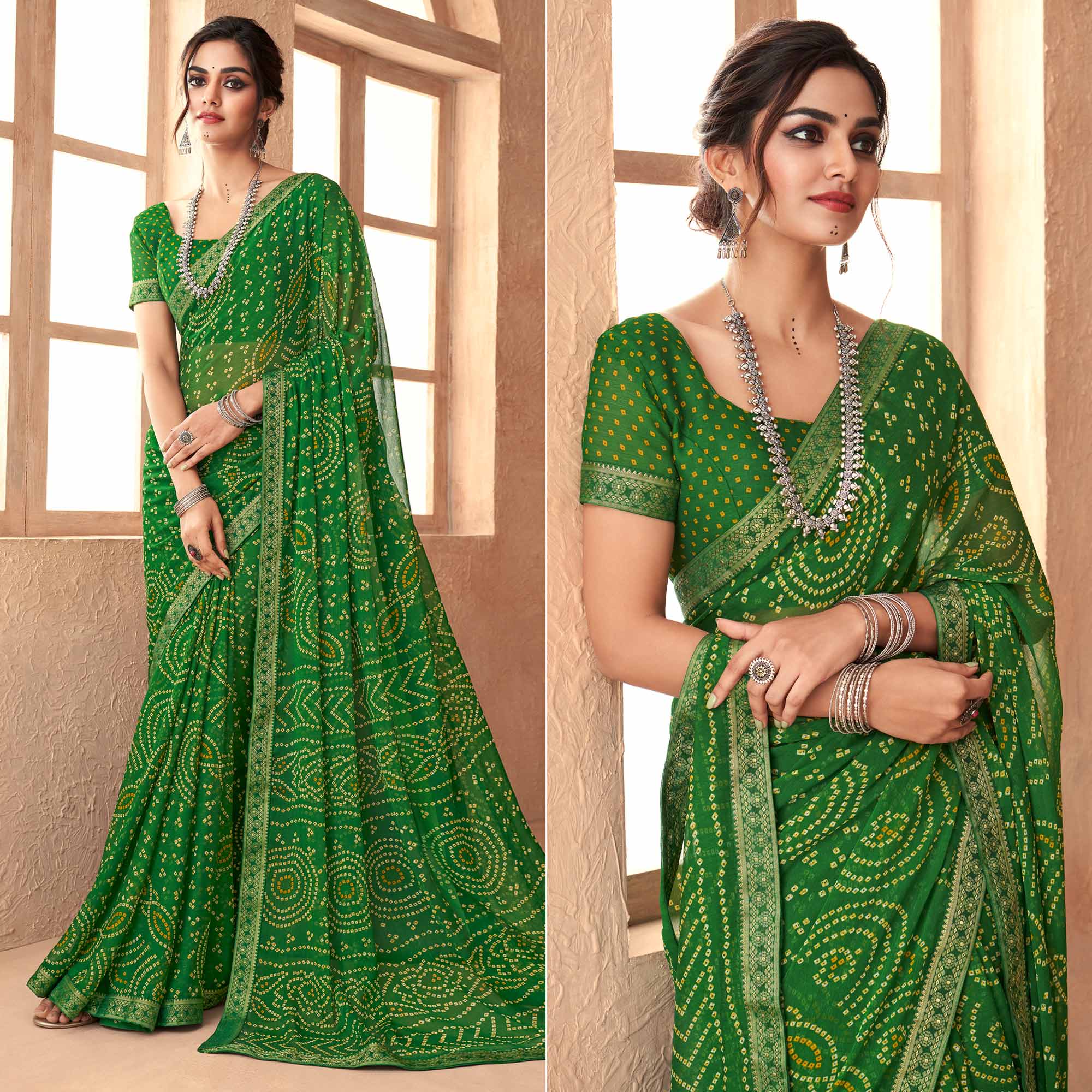 Green Bandhani Printed Chiffon Saree