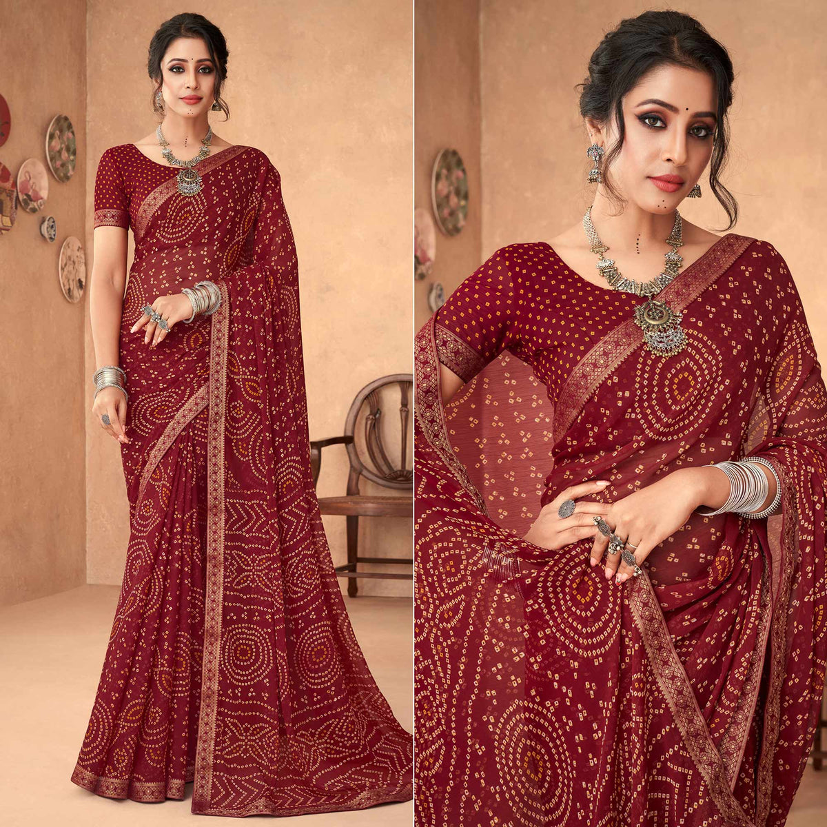 Maroon Bandhani Printed Chiffon Saree