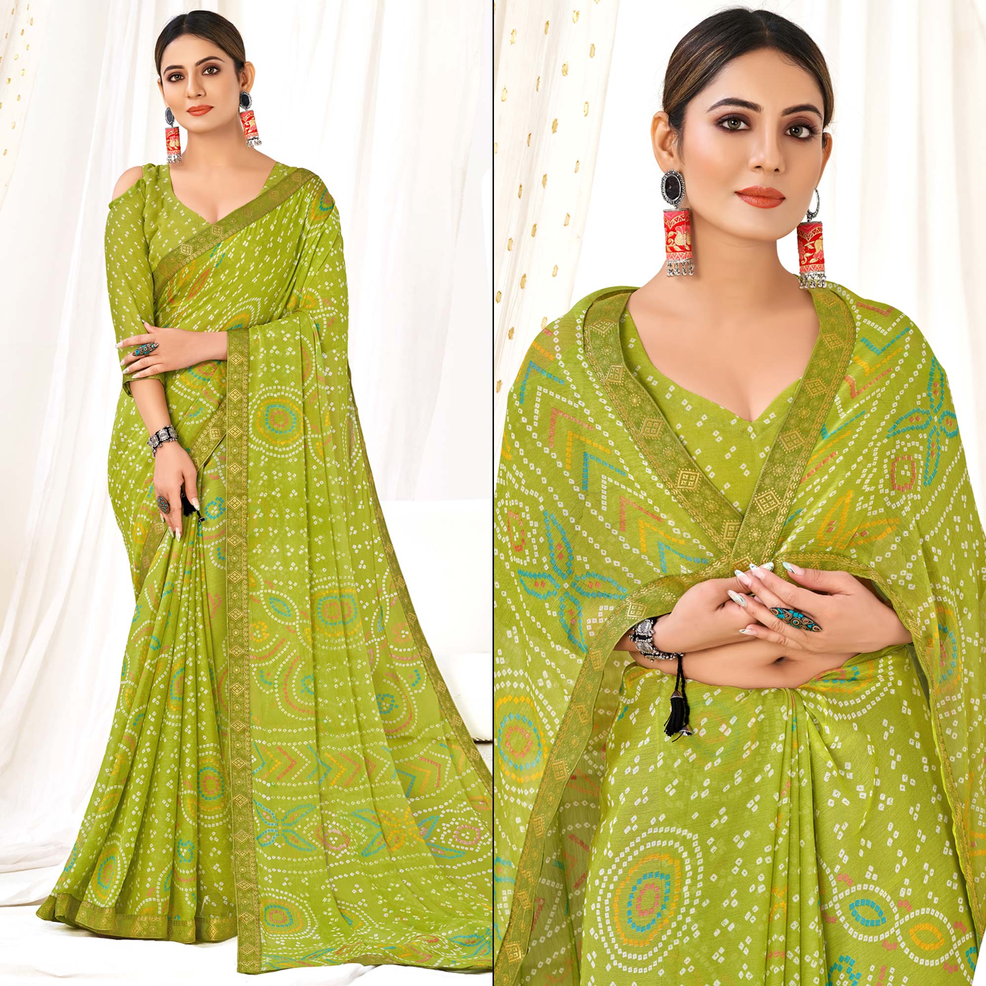 Olive Green Bandhani Printed Chiffon Saree