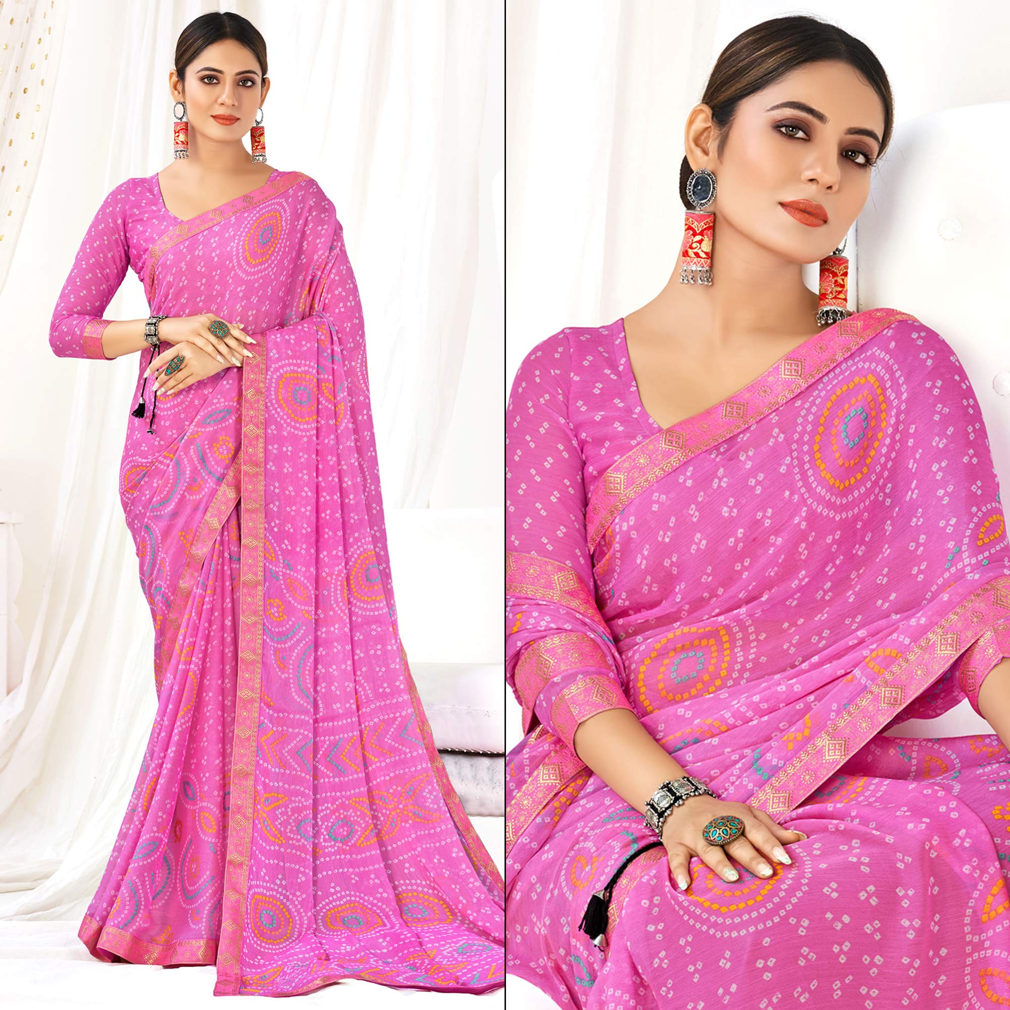 Pink Bandhani Printed Chiffon Saree