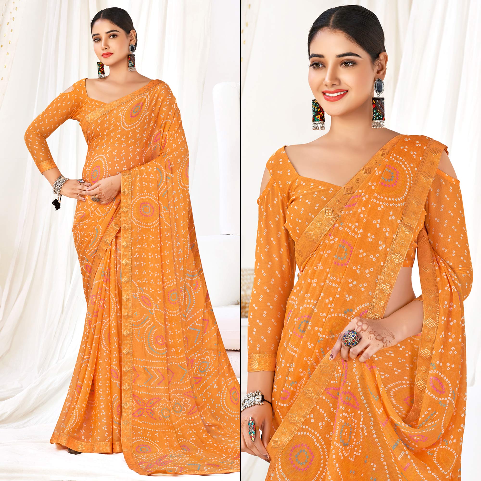 Orange Bandhani Printed Chiffon Saree