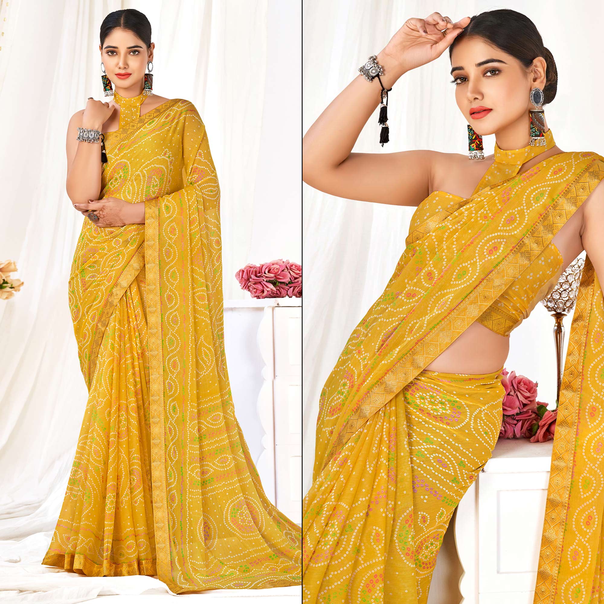 Mustard Bandhani Printed Chiffon Saree