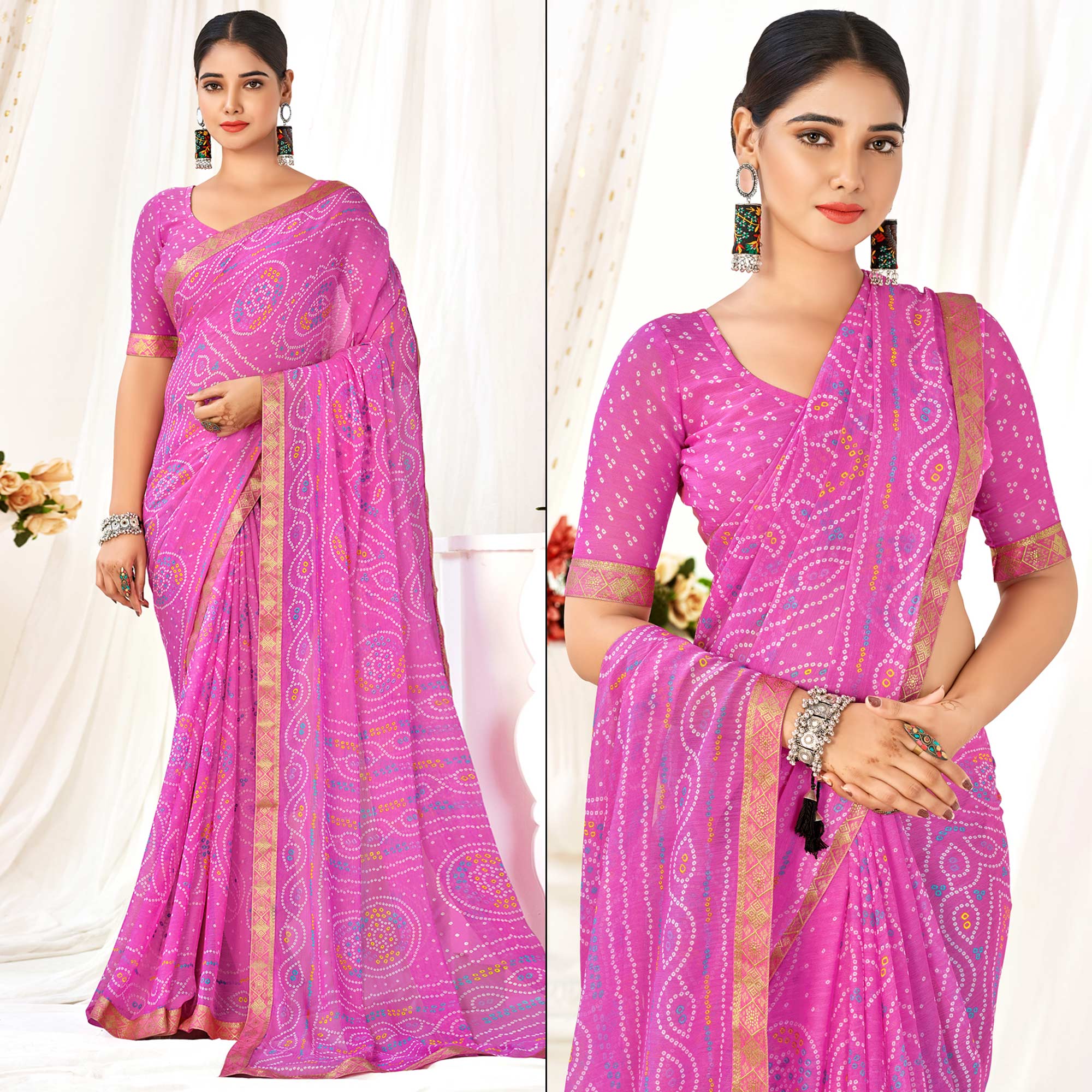 Pink Bandhani Printed Chiffon Saree