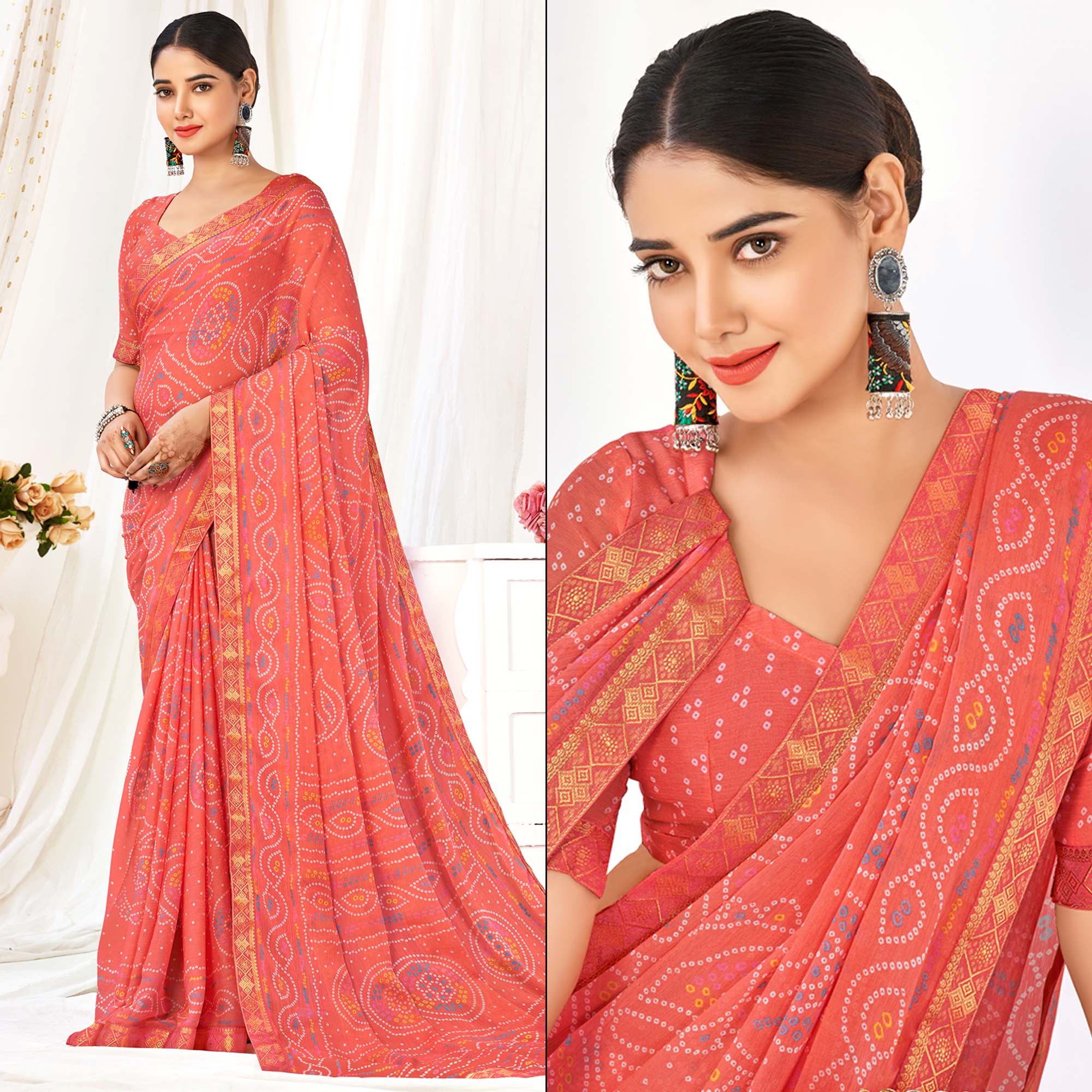 Salmon Pink Bandhani Printed Chiffon Saree