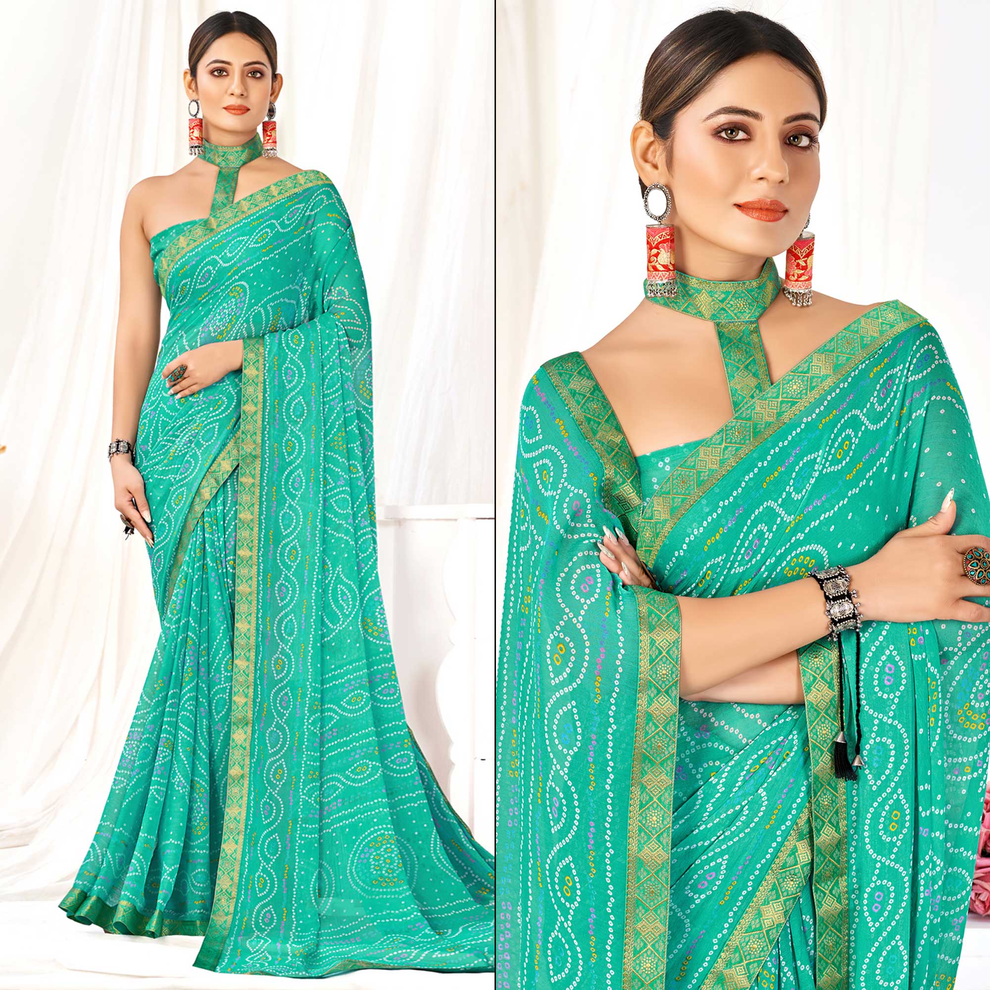 Turquoise Bandhani Printed Chiffon Saree