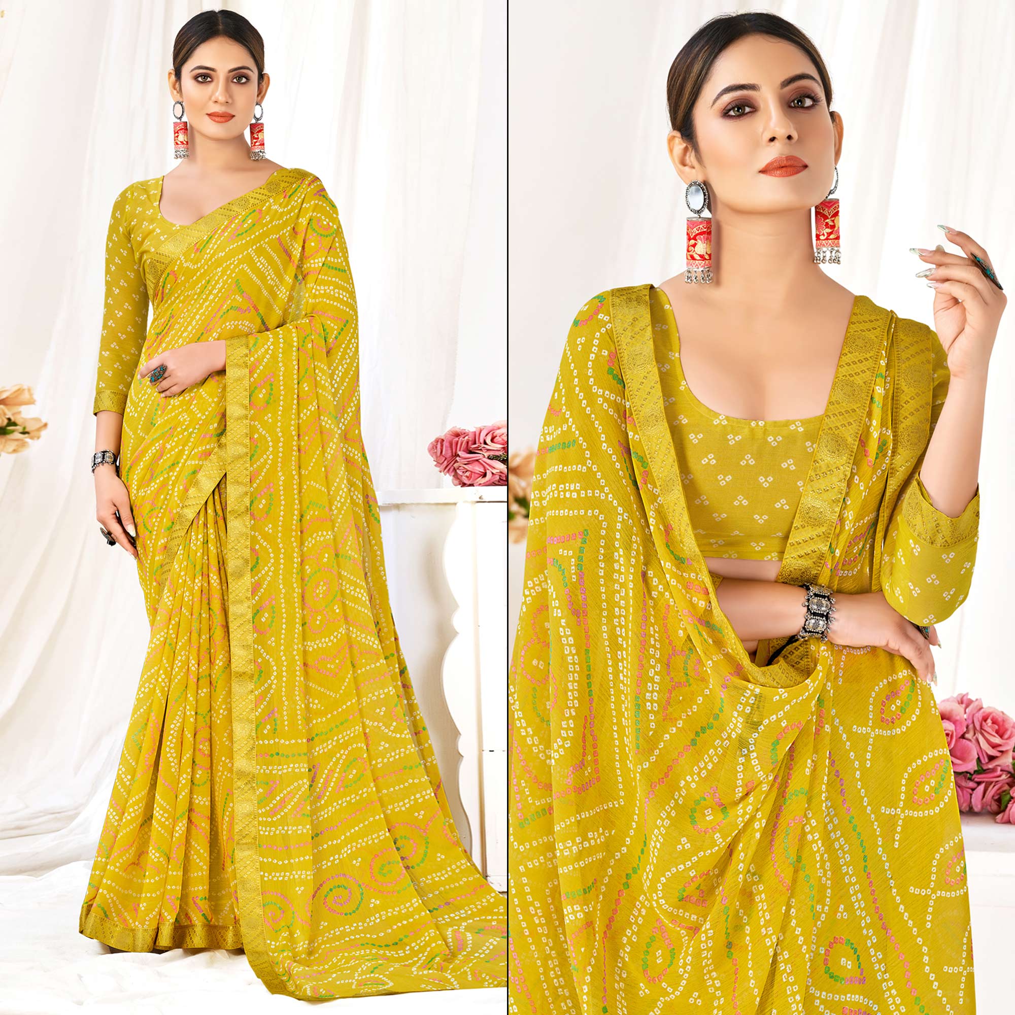 Lemon Yellow Bandhani Printed Chiffon Saree