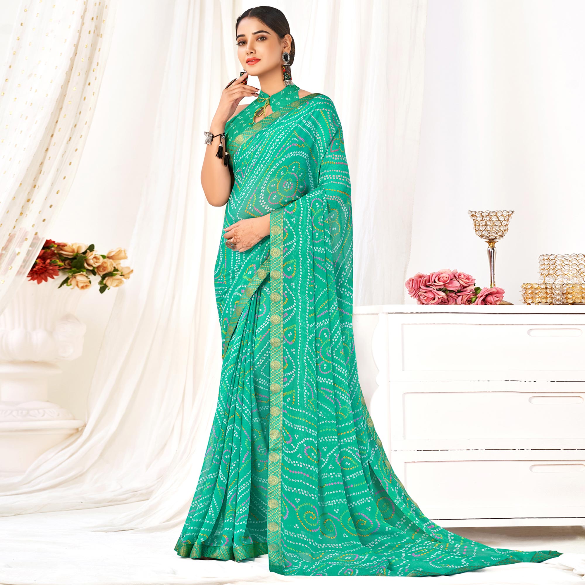 Sea Green Bandhani Printed Chiffon Saree