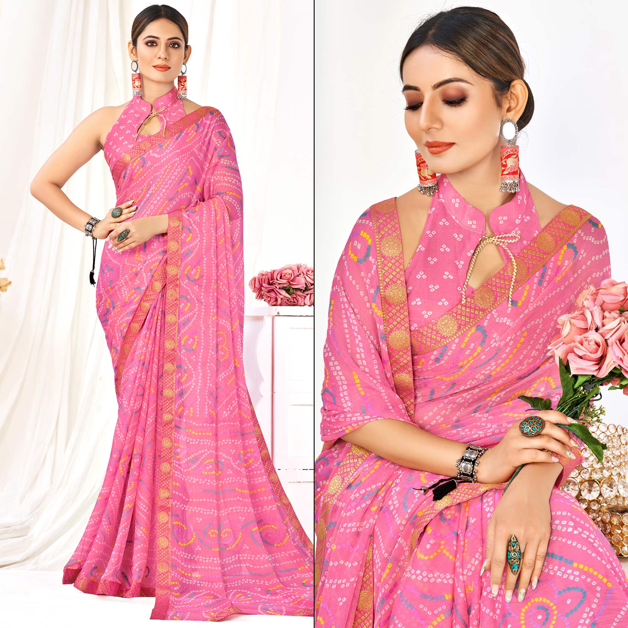 Pink Bandhani Printed Chiffon Saree