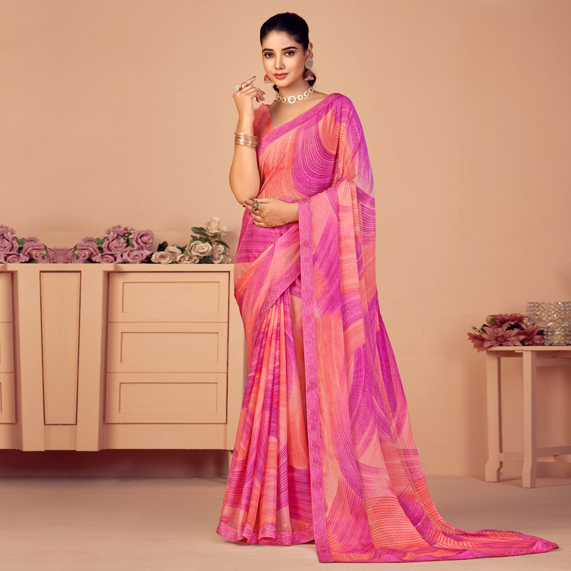 Magenta & Salmon Pink Printed Chiffon Saree With Lace Border