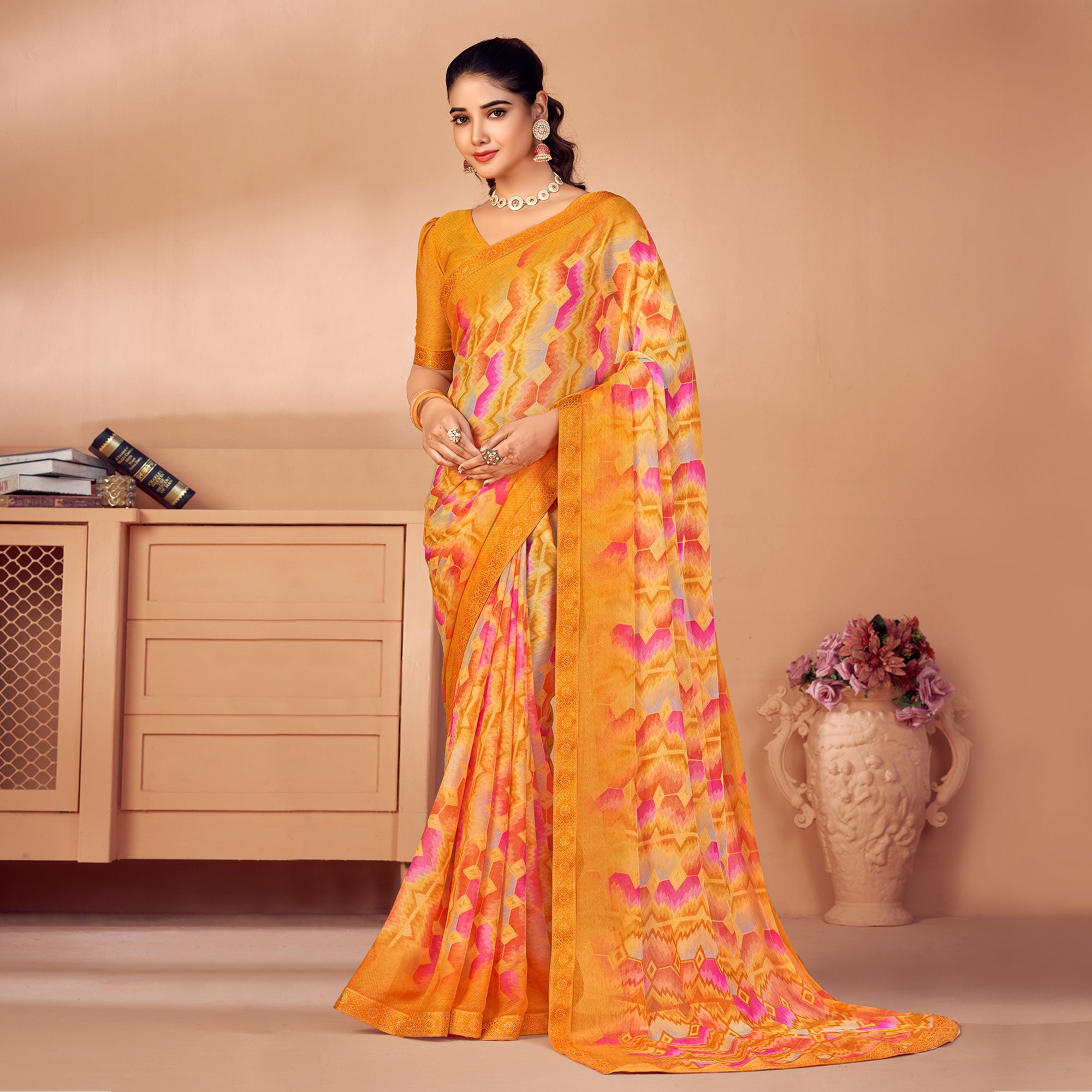 Mustard Printed Chiffon Saree With Lace Border