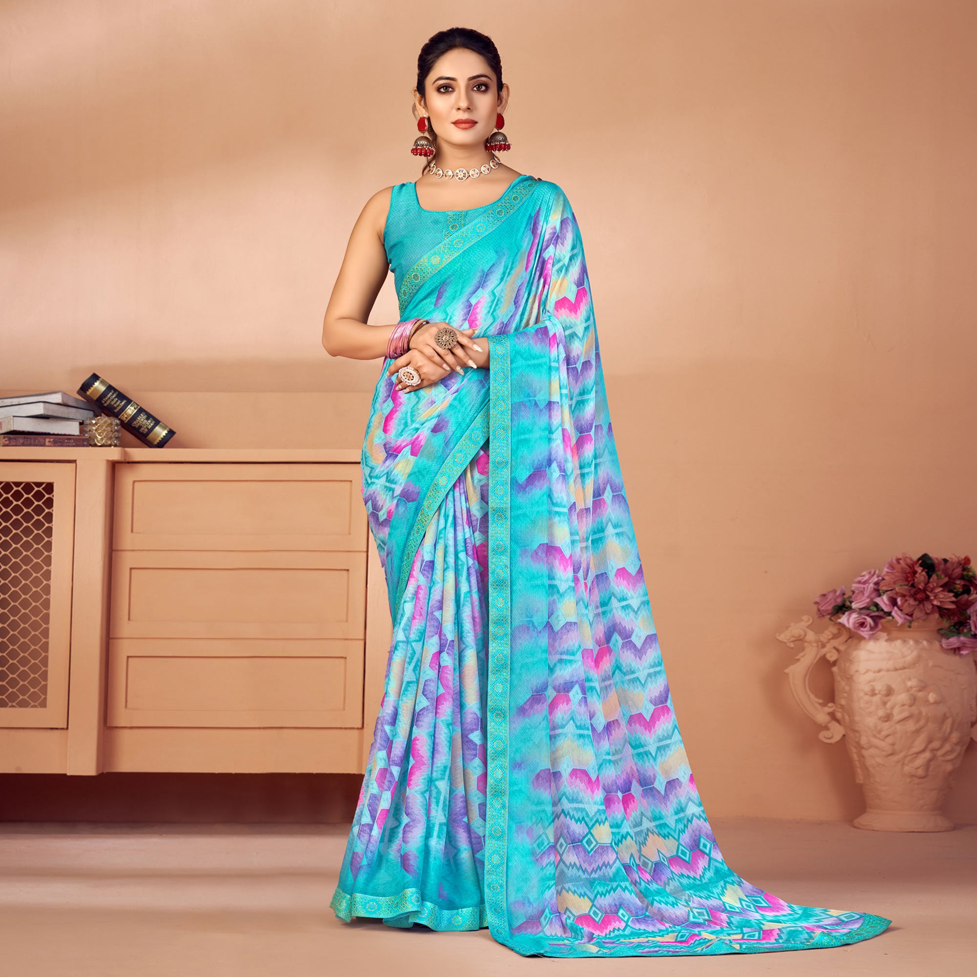 Blue Printed Chiffon Saree With Lace Border