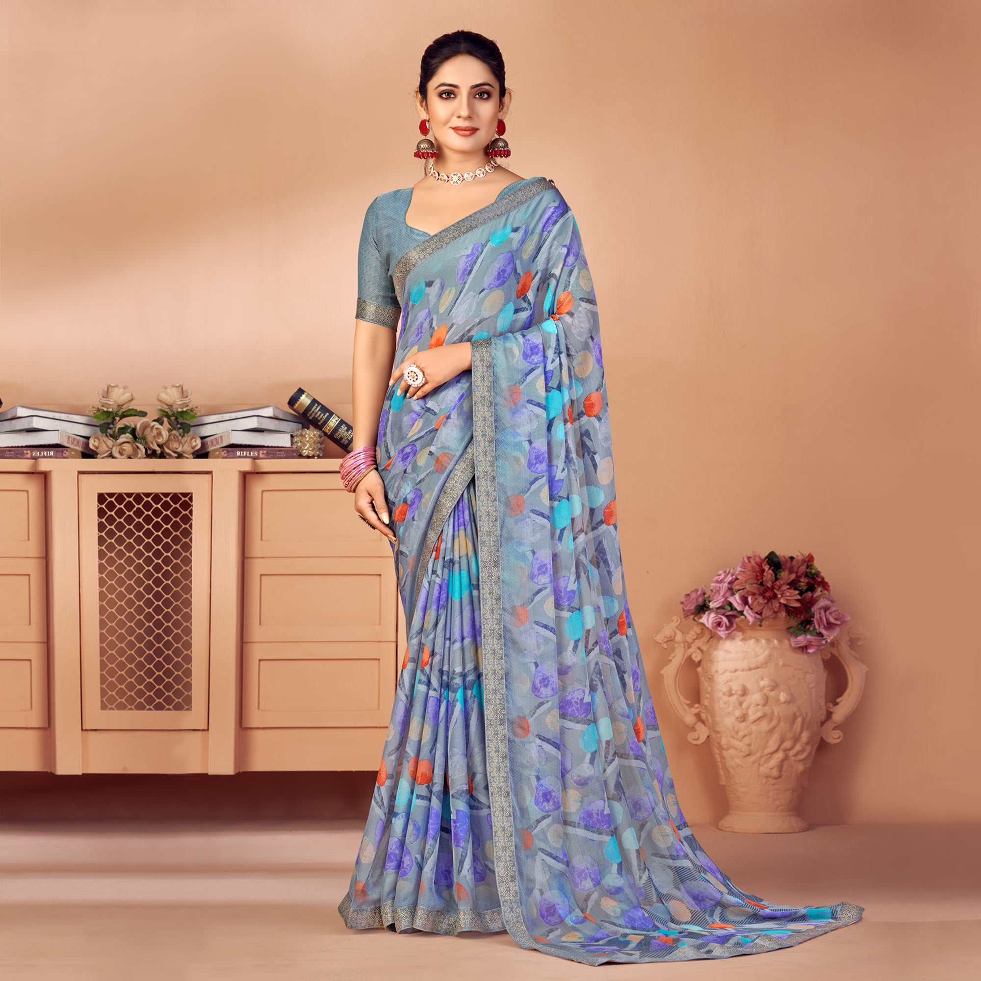 Grey Printed Chiffon Saree With Lace Border