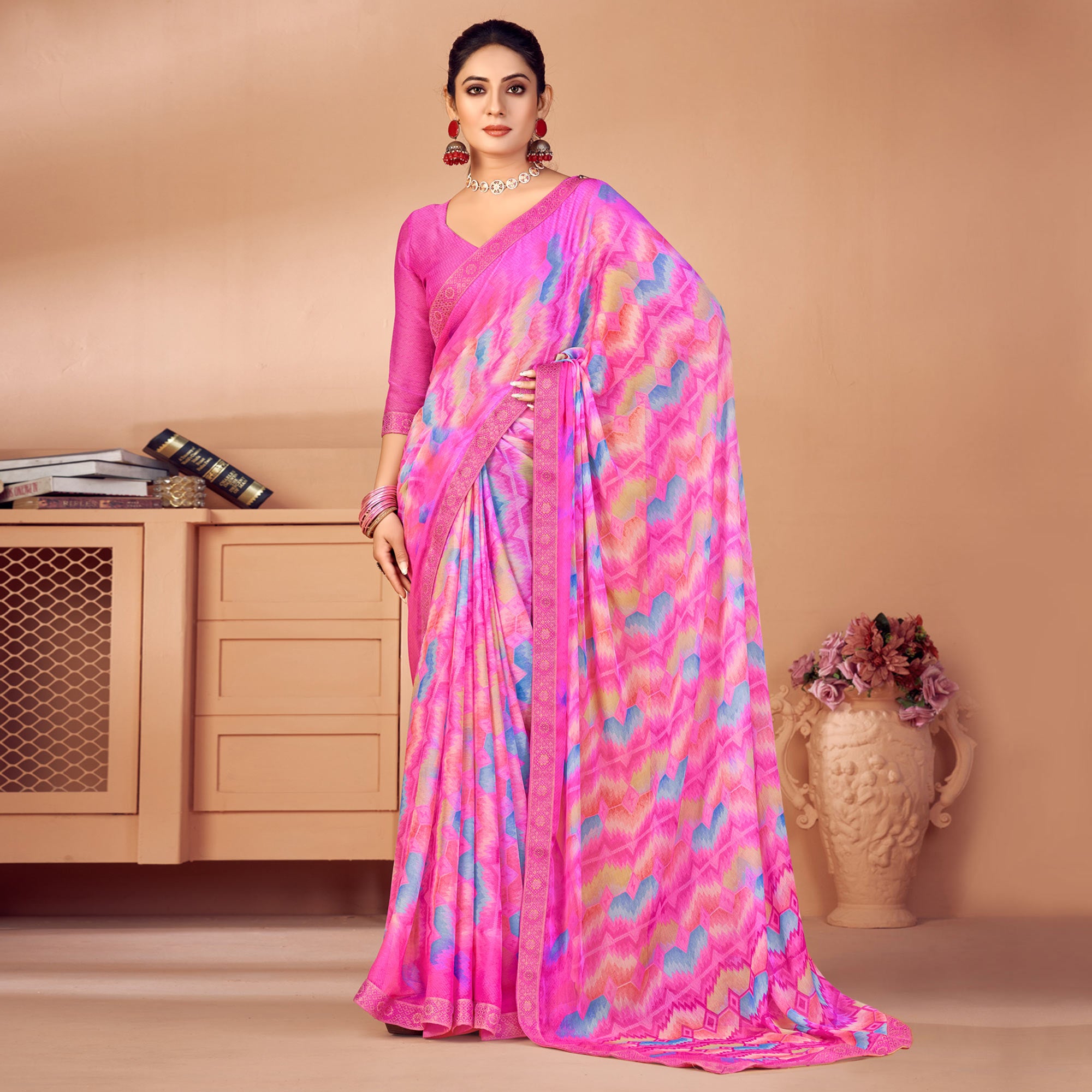 Magenta Printed Chiffon Saree With Lace Border