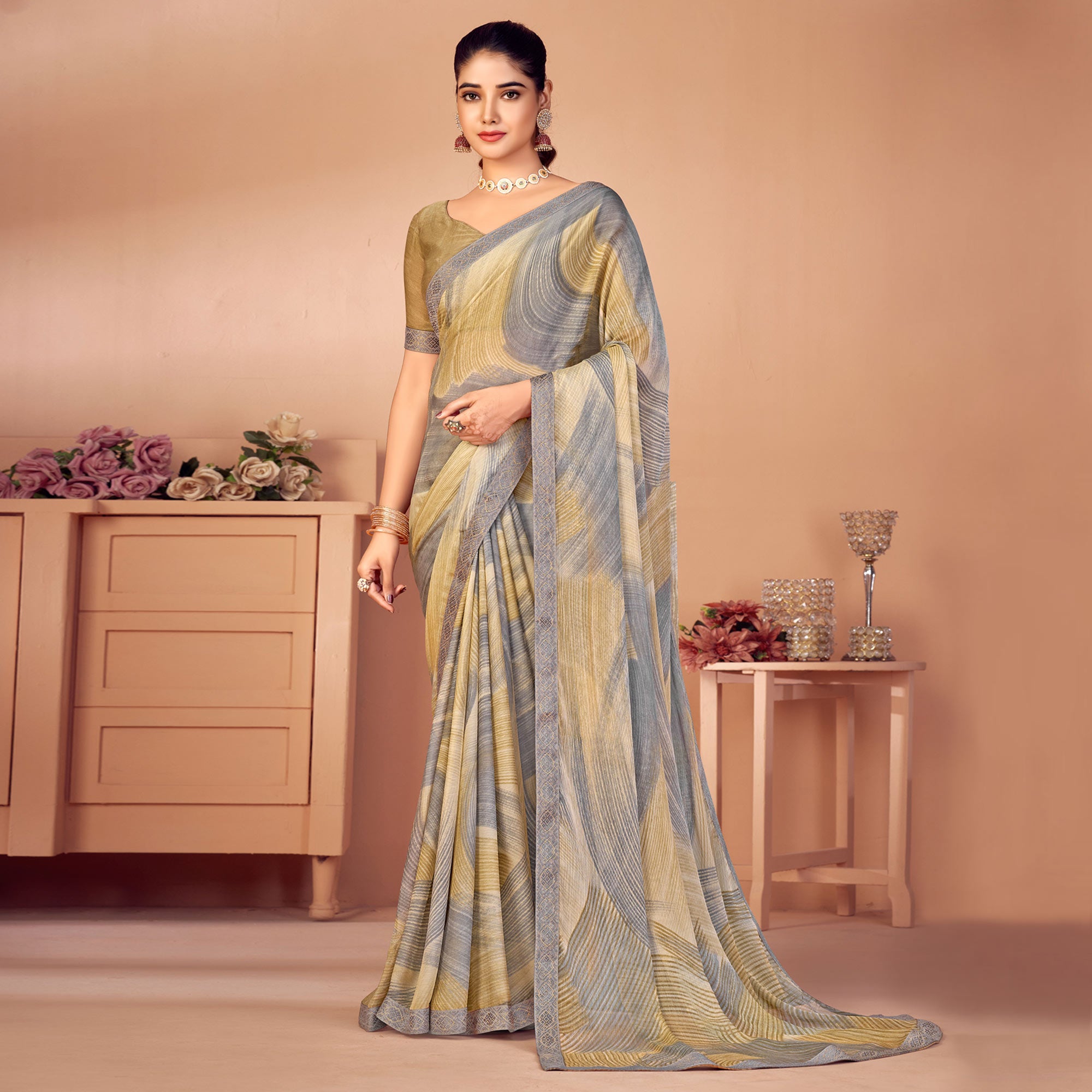 Grey & Beige Printed Chiffon Saree With Lace Border