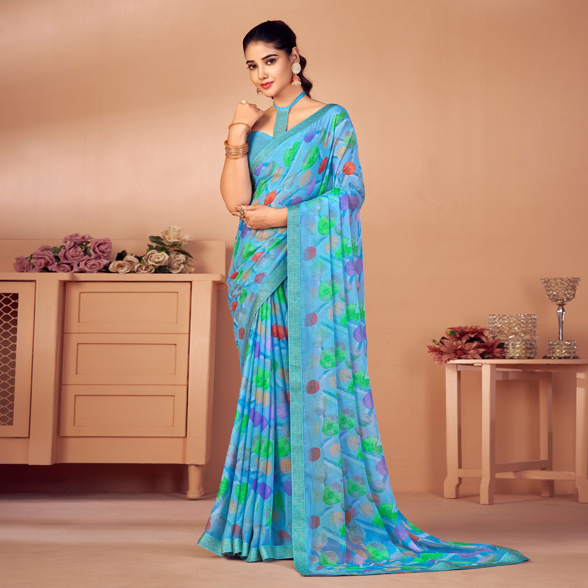 Blue Printed Chiffon Saree With Lace Border