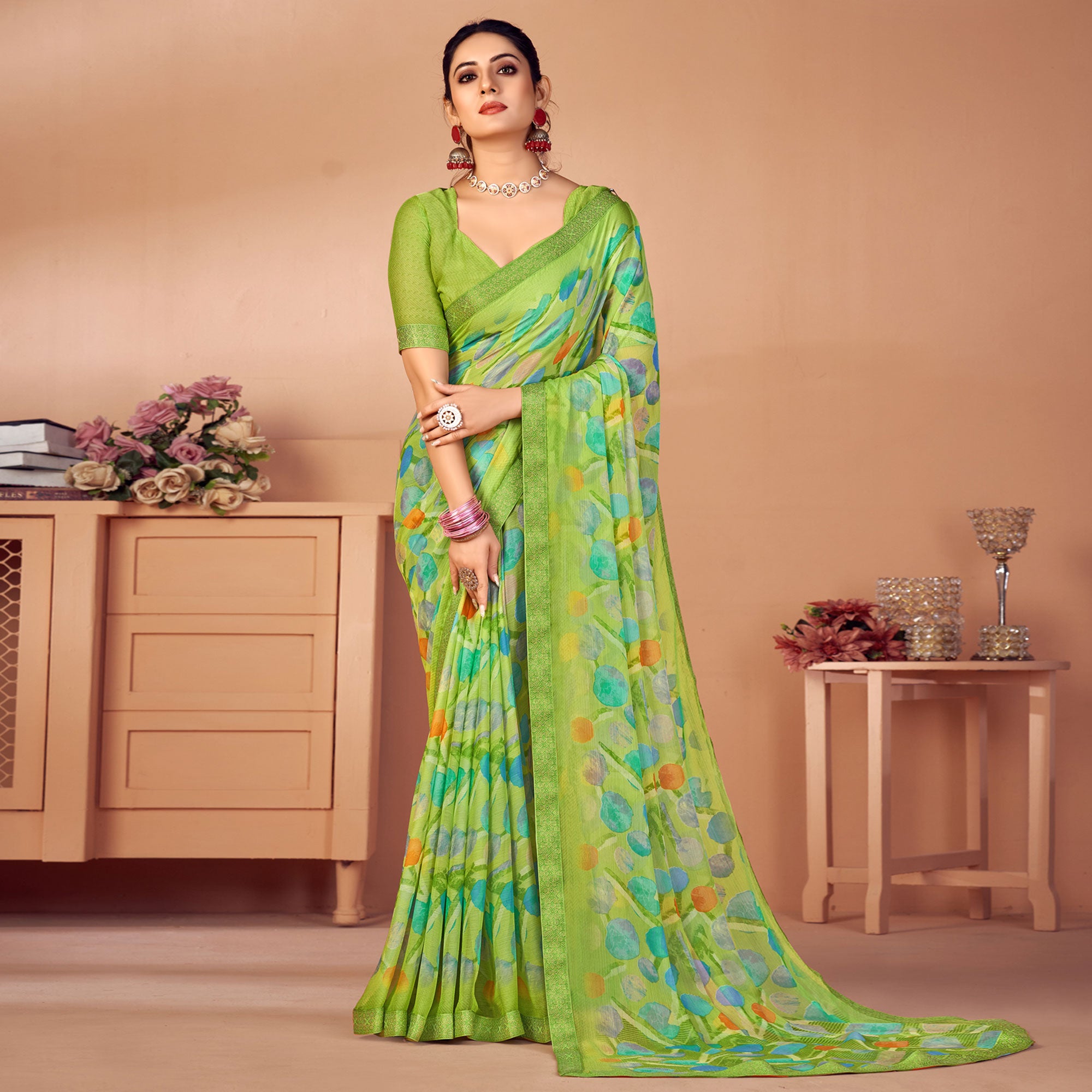 Green Printed Chiffon Saree With Lace Border
