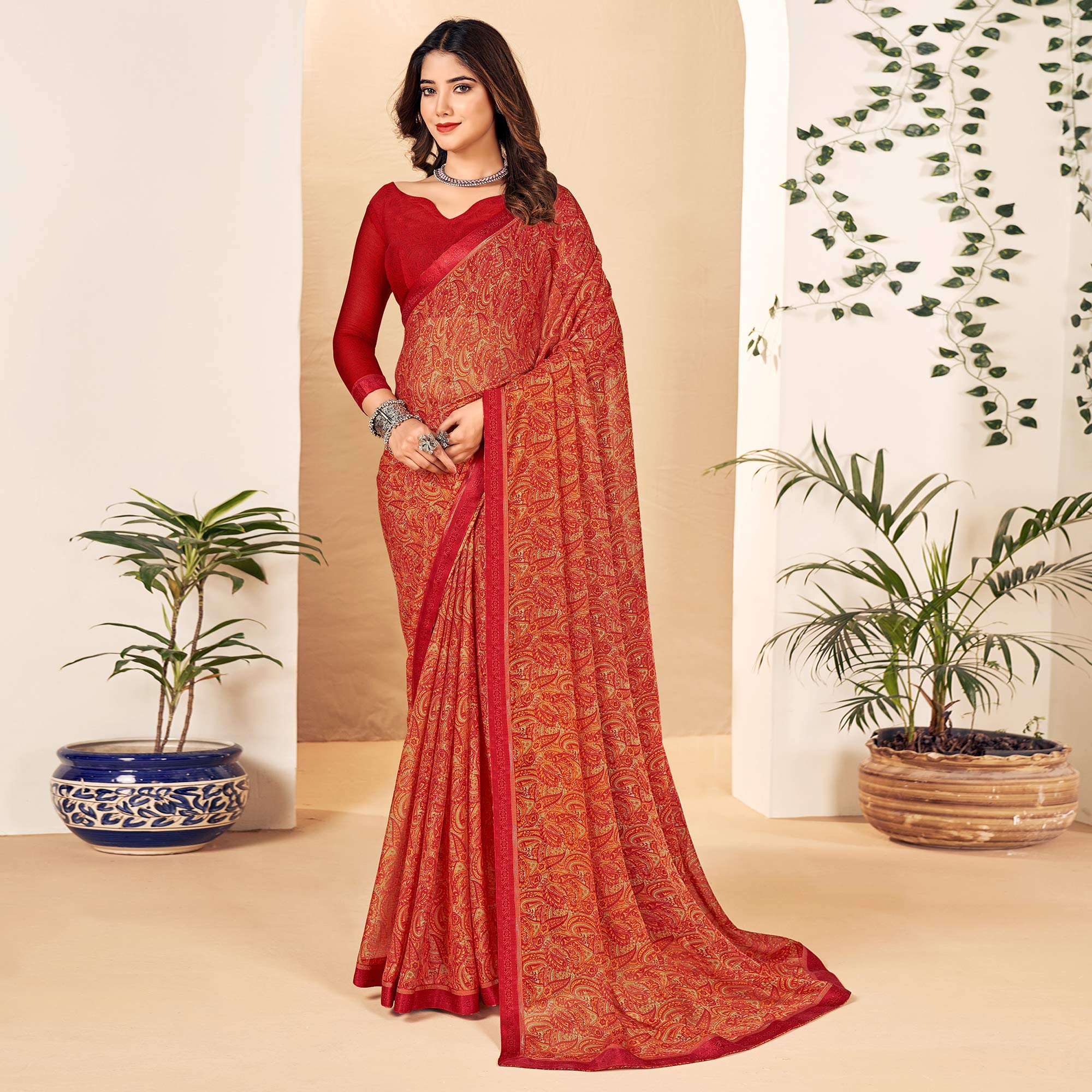 Red Floral Printed Chiffon Saree With Lace Border