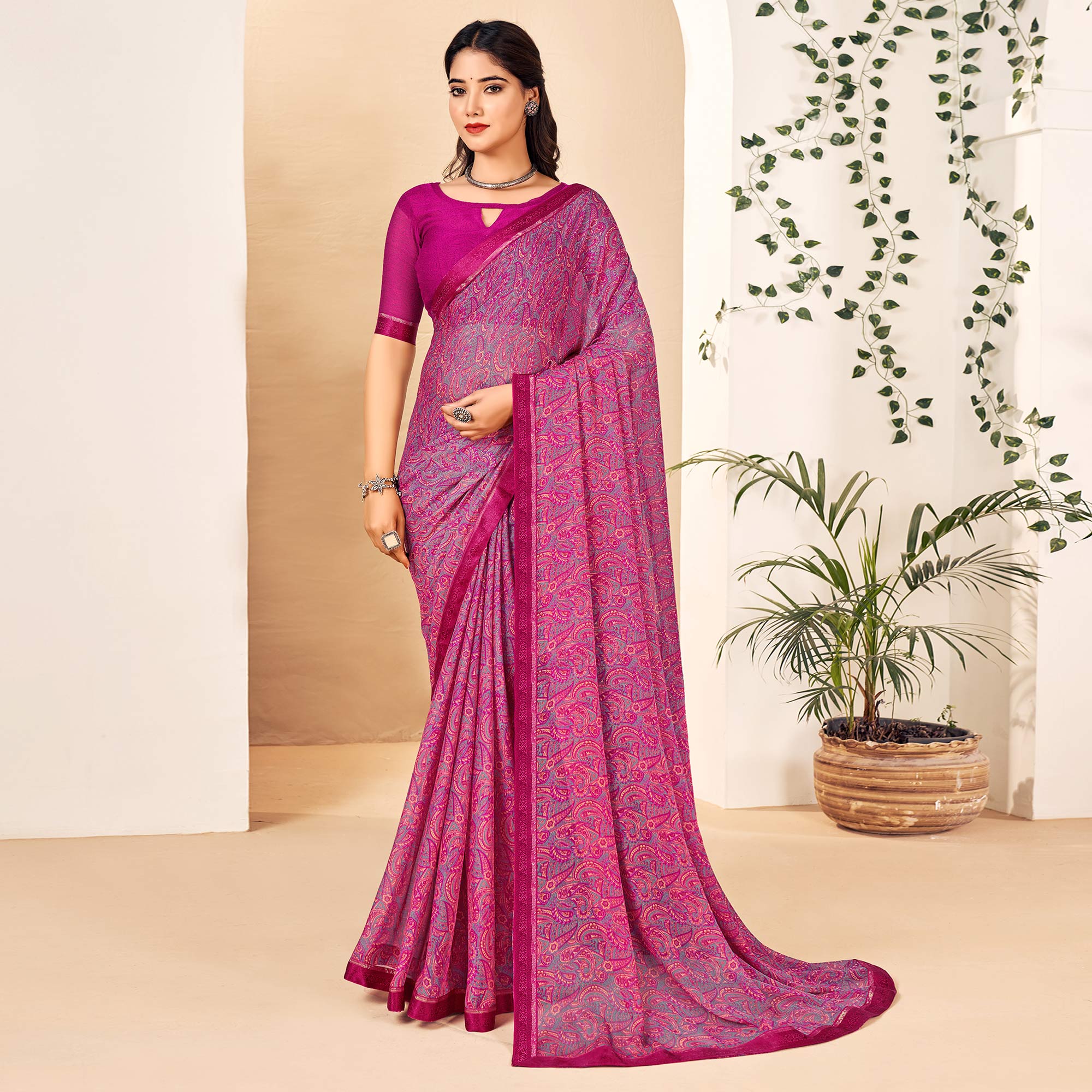 Magenta Floral Printed Chiffon Saree With Lace Border