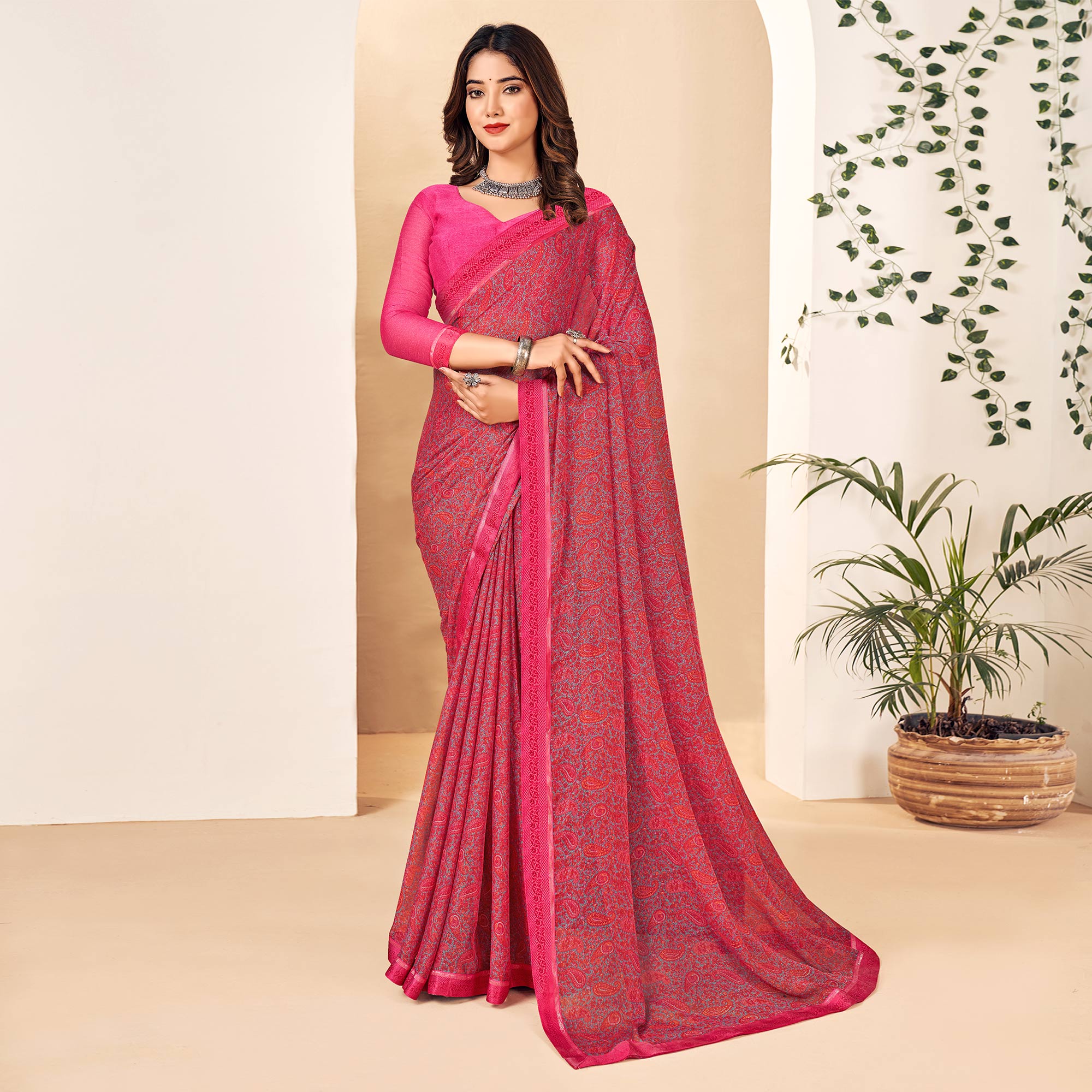 Pink Floral Printed Chiffon Saree With Lace Border