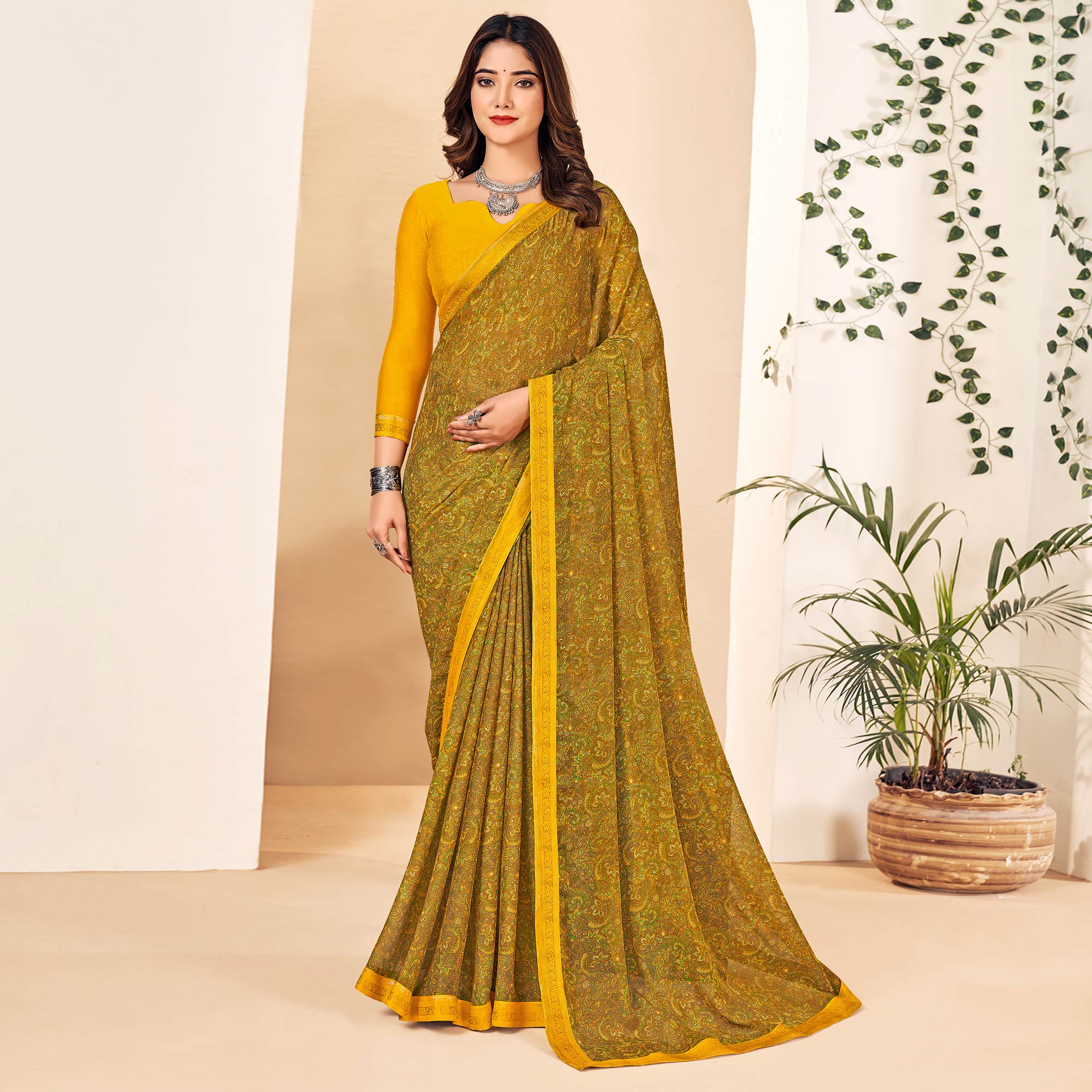 Mustard Floral Printed Chiffon Saree With Lace Border