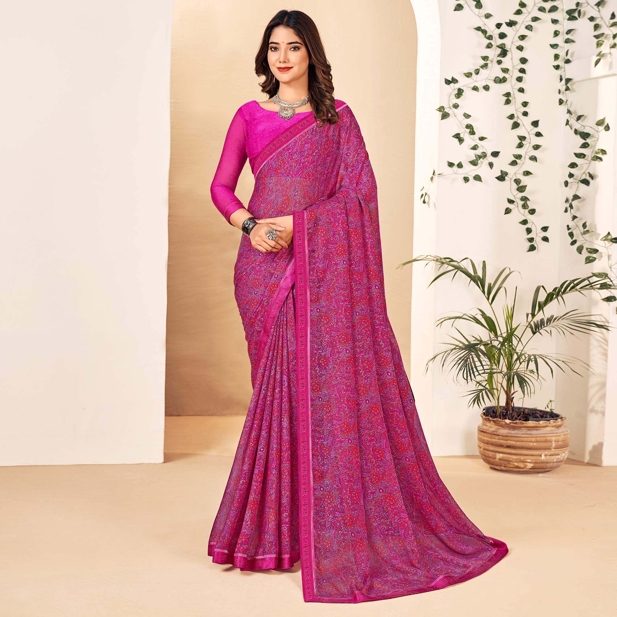 Magenta Floral Printed Chiffon Saree With Lace Border